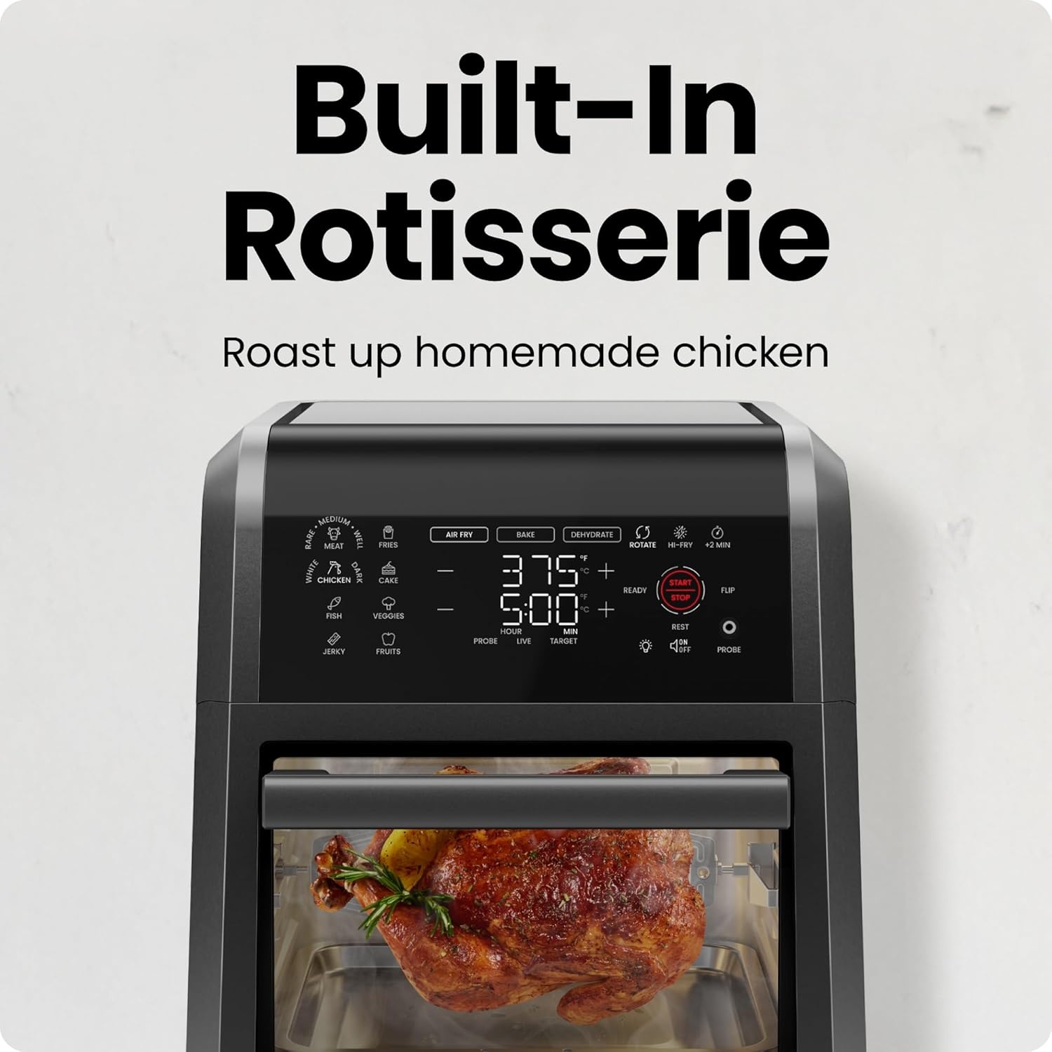 image:imageCHEFMAN ExacTemp 12 Quart 5in1 Air Fryer with Integrated Smart Cooking Thermometer 28 Touchscreen Presets Rotisserie Dehydrator Bake XL Convection Oven with Auto Shutoff Black