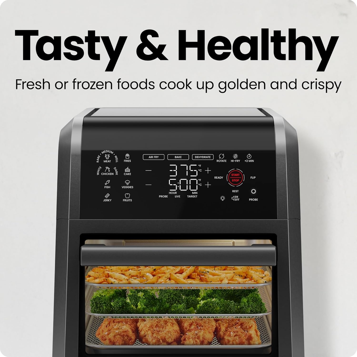 image:imageCHEFMAN ExacTemp 12 Quart 5in1 Air Fryer with Integrated Smart Cooking Thermometer 28 Touchscreen Presets Rotisserie Dehydrator Bake XL Convection Oven with Auto Shutoff Black