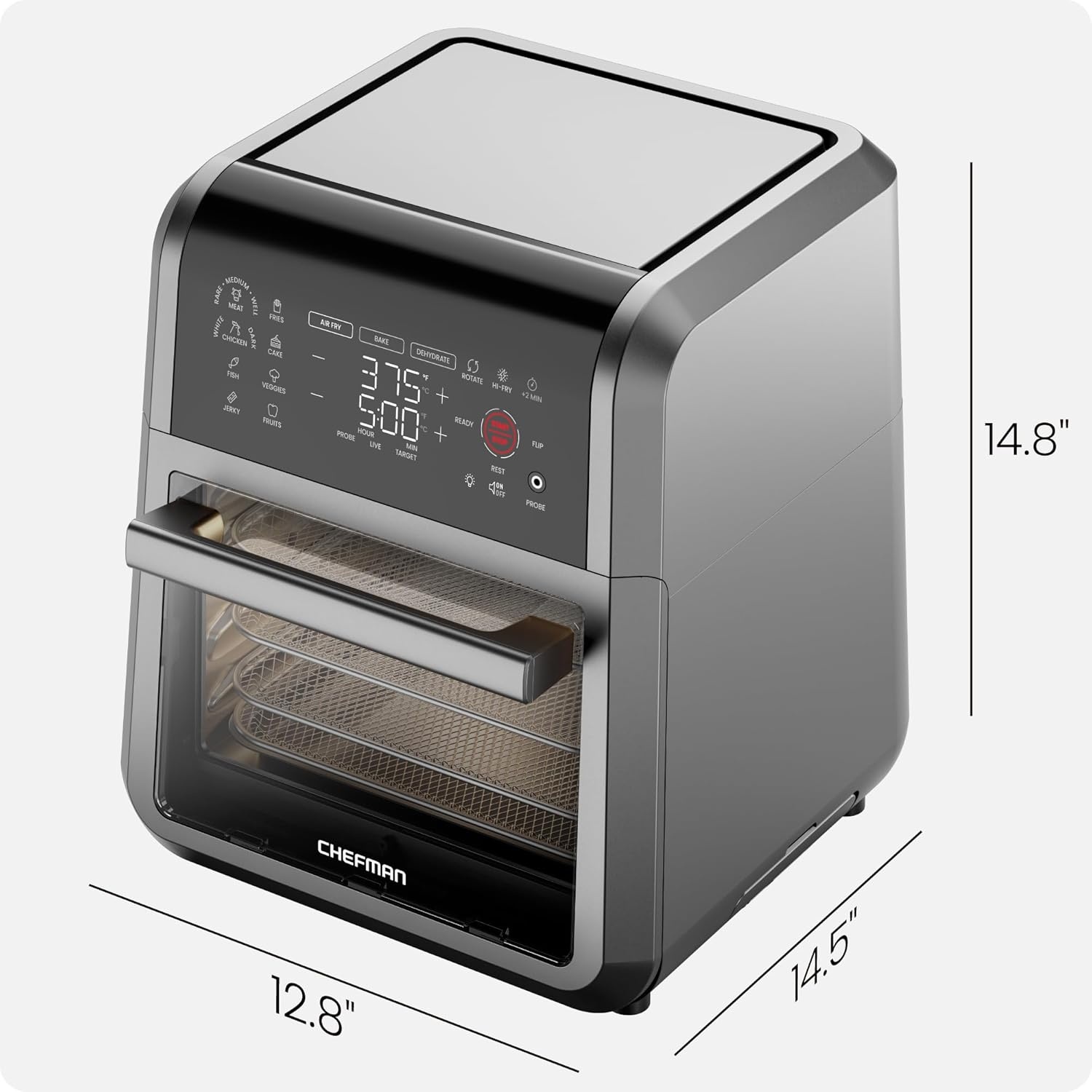 image:imageCHEFMAN ExacTemp 12 Quart 5in1 Air Fryer with Integrated Smart Cooking Thermometer 28 Touchscreen Presets Rotisserie Dehydrator Bake XL Convection Oven with Auto Shutoff Black