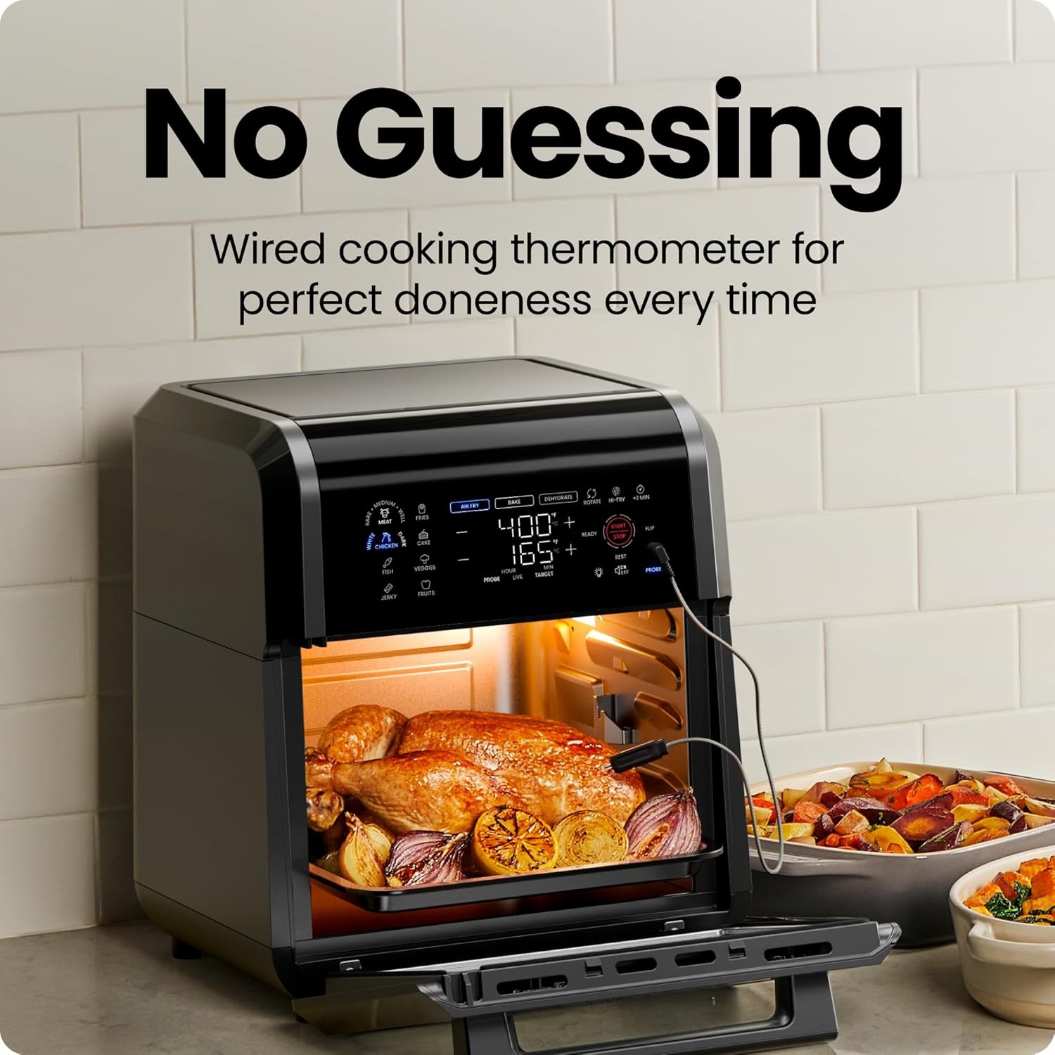 image:imageCHEFMAN ExacTemp 12 Quart 5in1 Air Fryer with Integrated Smart Cooking Thermometer 28 Touchscreen Presets Rotisserie Dehydrator Bake XL Convection Oven with Auto Shutoff Black