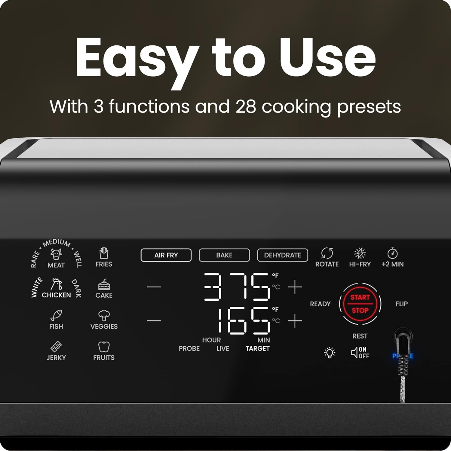 image:imageCHEFMAN ExacTemp 12 Quart 5in1 Air Fryer with Integrated Smart Cooking Thermometer 28 Touchscreen Presets Rotisserie Dehydrator Bake XL Convection Oven with Auto Shutoff Black
