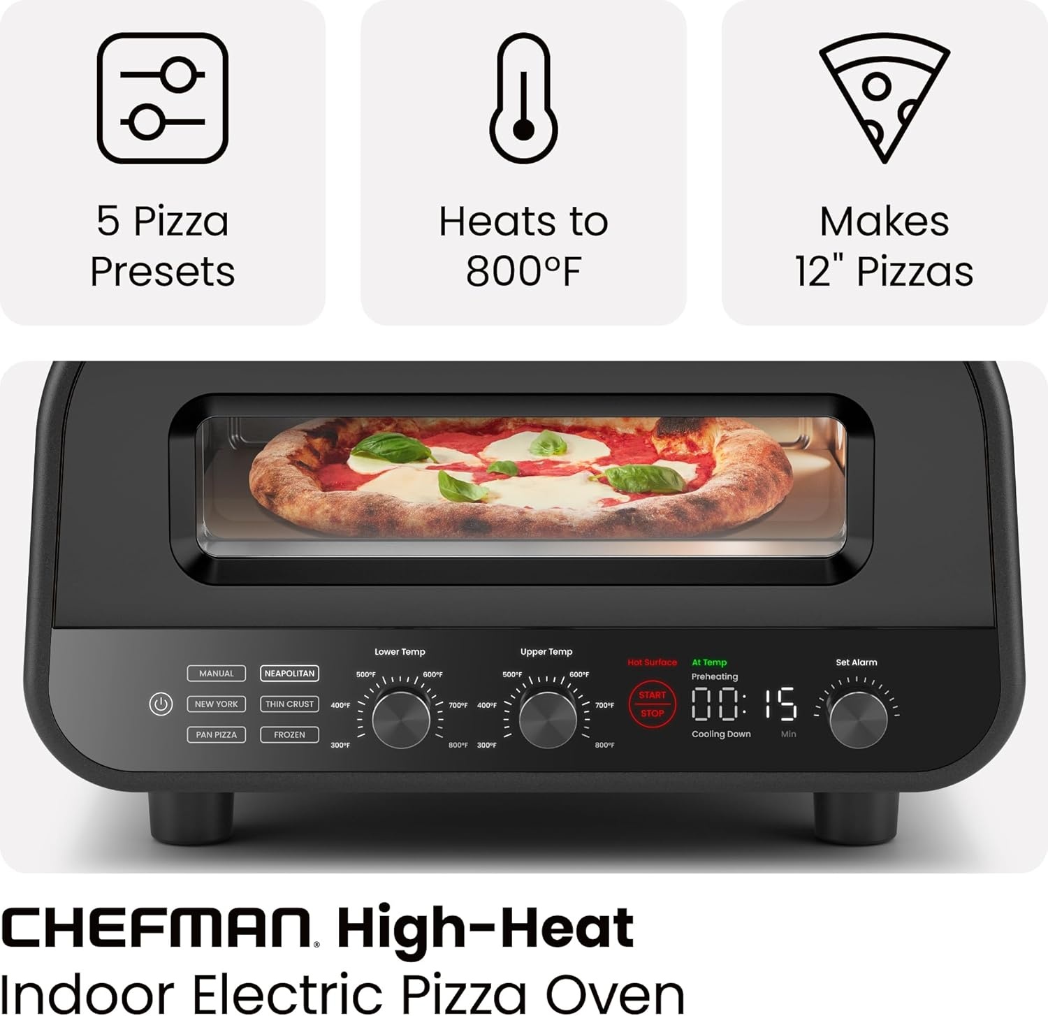 image:imageCHEFMAN Indoor Pizza Oven Makes 12 Inch Pizzas in Minutes Heats up to 800F Countertop Electric Pizza Maker with 5 Touchscreen Presets Pizza Stone and Peel Included Stainless SteelStainless Black
