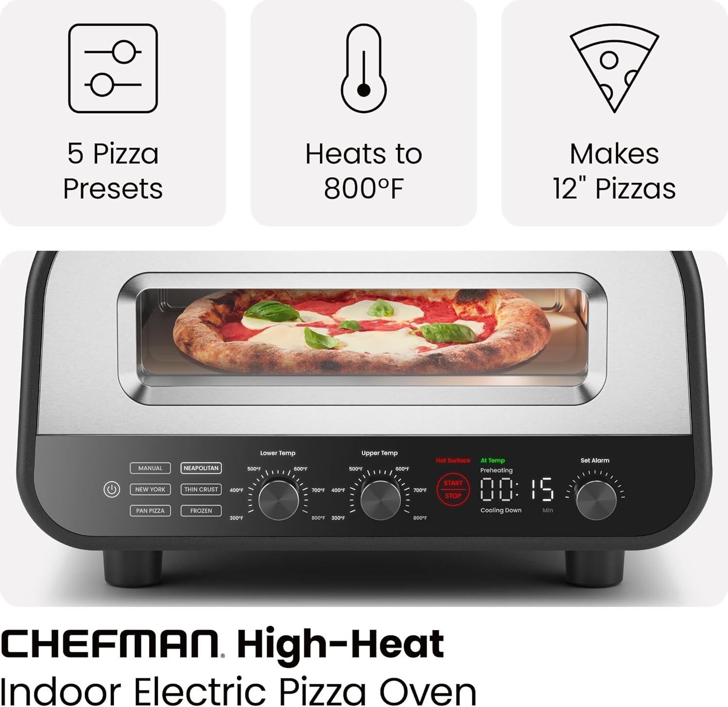 image:imageCHEFMAN Indoor Pizza Oven Makes 12 Inch Pizzas in Minutes Heats up to 800F Countertop Electric Pizza Maker with 5 Touchscreen Presets Pizza Stone and Peel Included Stainless SteelStainless Steel