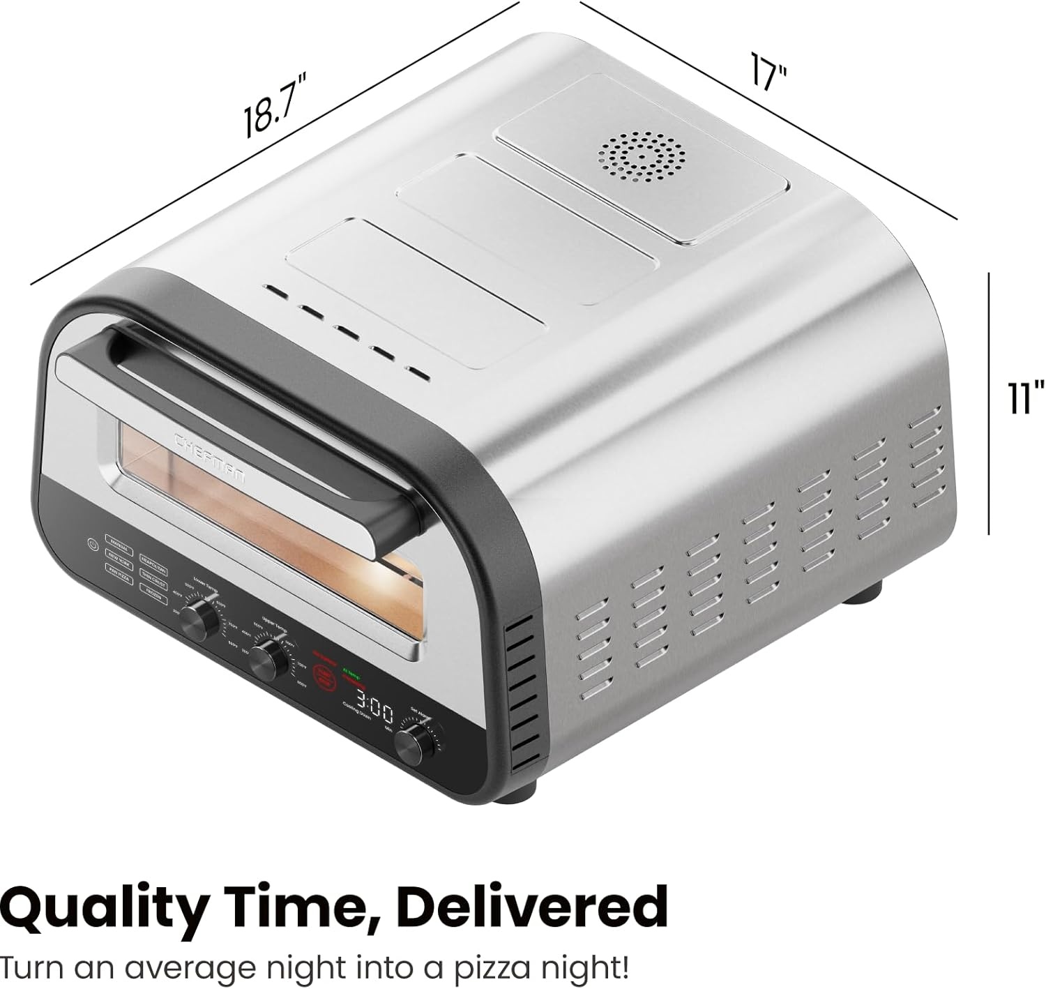 image:imageCHEFMAN Indoor Pizza Oven Makes 12 Inch Pizzas in Minutes Heats up to 800F Countertop Electric Pizza Maker with 5 Touchscreen Presets Pizza Stone and Peel Included Stainless SteelStainless Steel