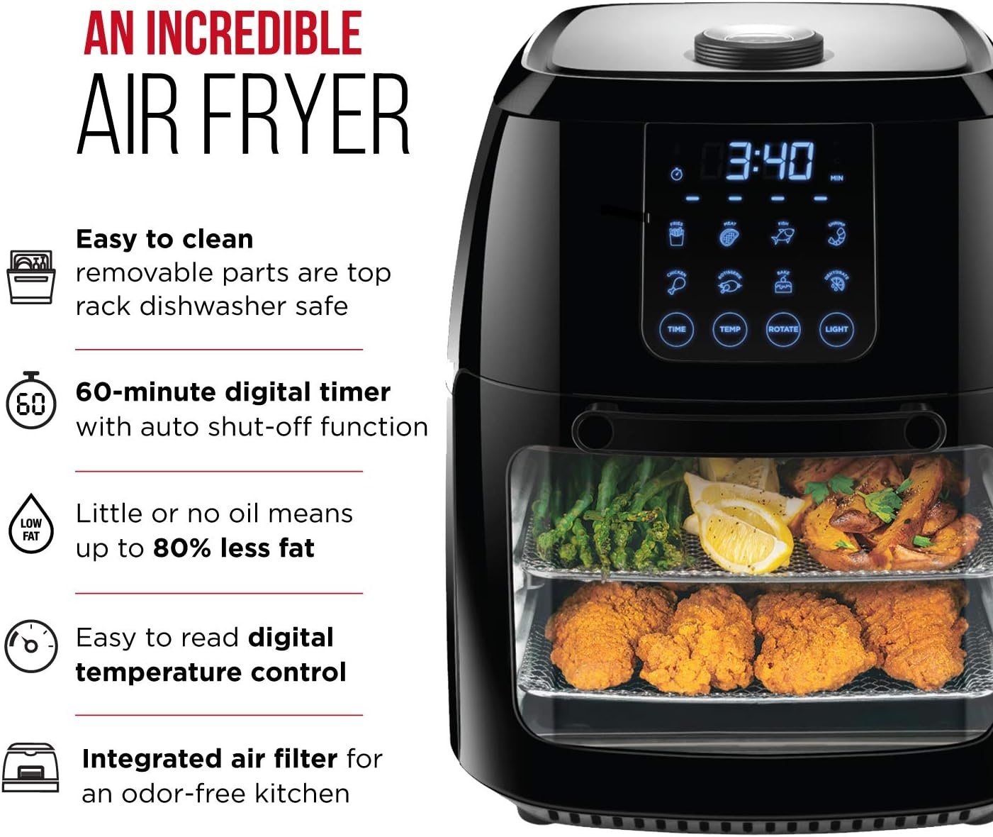 image:imageCHEFMAN Multifunctional Digital Air Fryer Rotisserie Dehydrator Convection Oven 17 Touch Screen Presets Fry Roast Dehydrate Bake XL 10L Family Size Auto Shutoff Large EasyView Window BlackBlack
