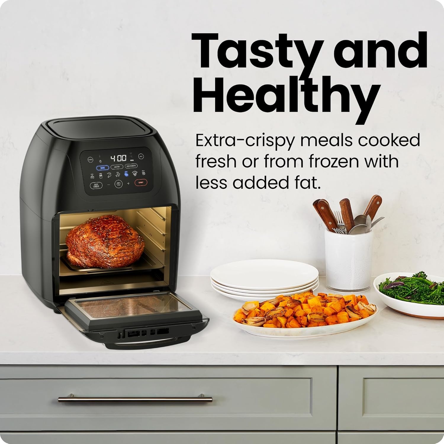 image:imageCHEFMAN Multifunctional Digital Air Fryer Rotisserie Dehydrator Convection Oven 17 Touch Screen Presets Fry Roast Dehydrate Bake XL 10L Family Size Auto Shutoff Large EasyView Window BlackBlack