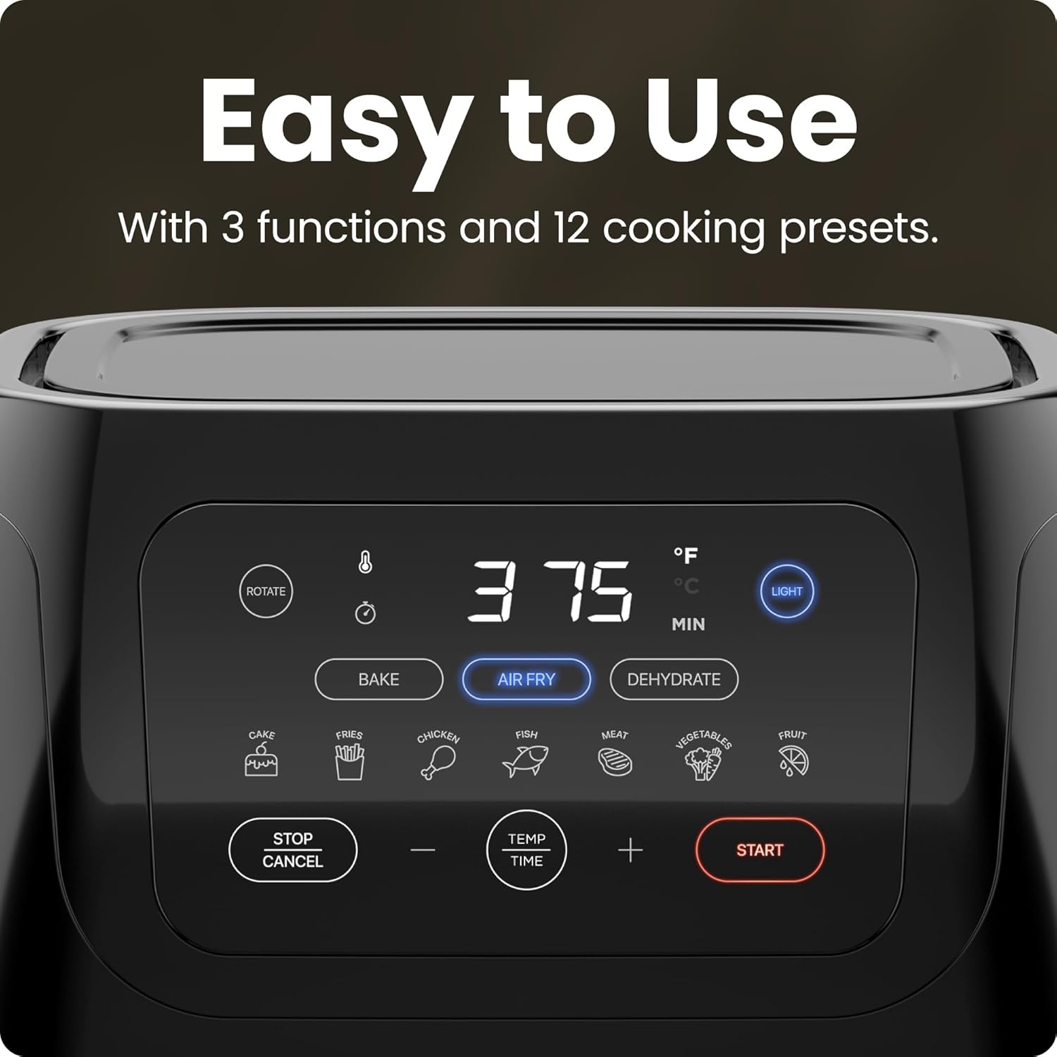 image:imageCHEFMAN Multifunctional Digital Air Fryer Rotisserie Dehydrator Convection Oven 17 Touch Screen Presets Fry Roast Dehydrate Bake XL 10L Family Size Auto Shutoff Large EasyView Window BlackBlack