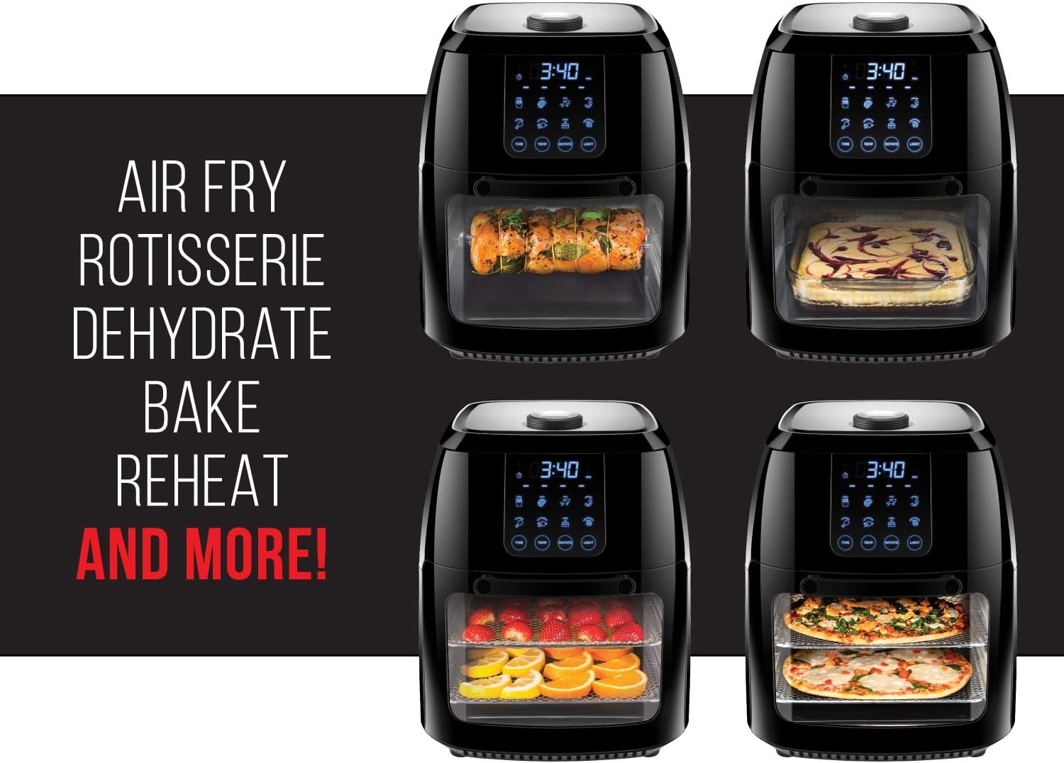 image:imageCHEFMAN Multifunctional Digital Air Fryer Rotisserie Dehydrator Convection Oven 17 Touch Screen Presets Fry Roast Dehydrate Bake XL 10L Family Size Auto Shutoff Large EasyView Window BlackBlack