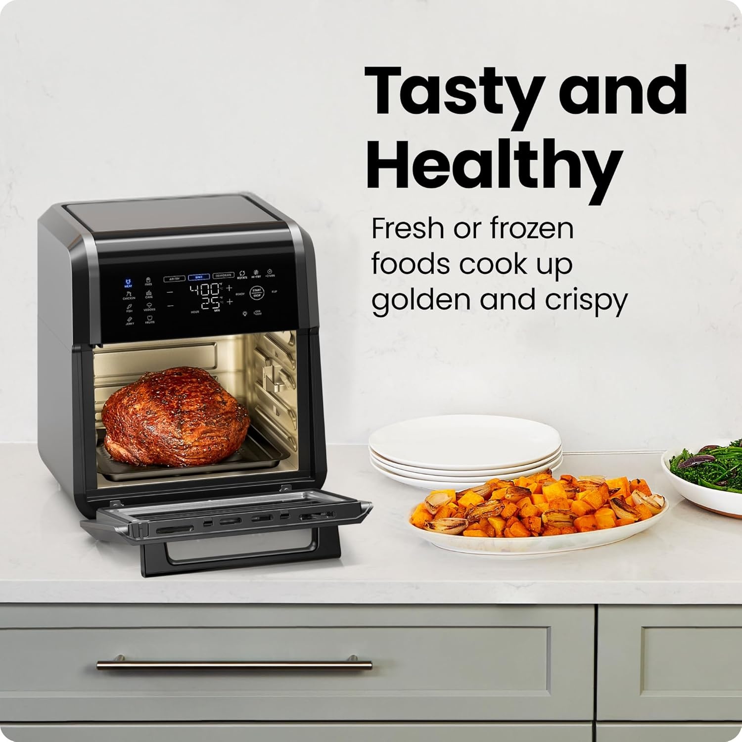 image:imageCHEFMAN Multifunctional Digital Air Fryer Rotisserie Dehydrator Convection Oven 17 Touch Screen Presets Fry Roast Dehydrate Bake XL 10L Family Size Auto Shutoff Large EasyView Window BlackBlack