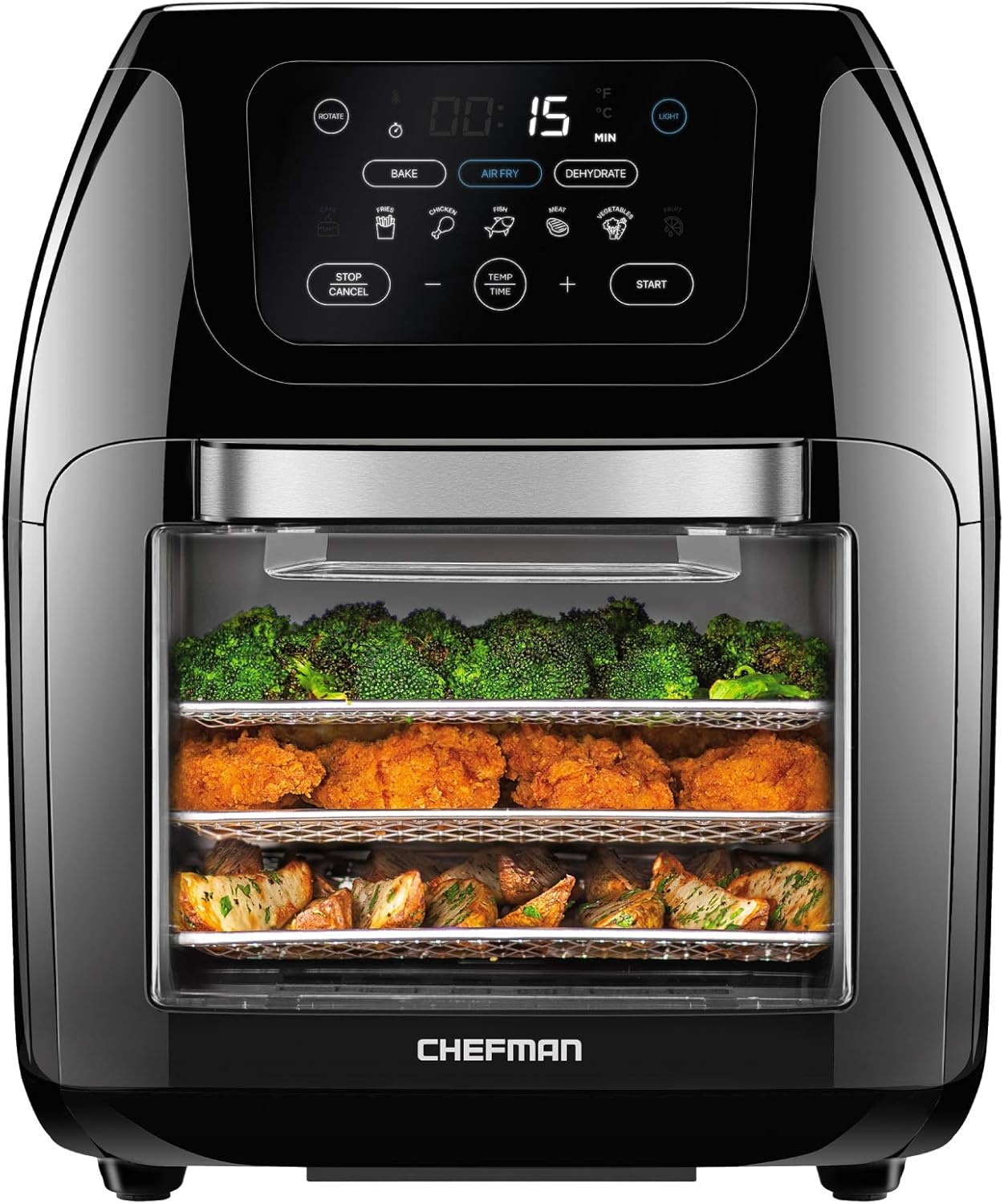 image:imageCHEFMAN Multifunctional Digital Air Fryer Rotisserie Dehydrator Convection Oven 17 Touch Screen Presets Fry Roast Dehydrate Bake XL 10L Family Size Auto Shutoff Large EasyView Window BlackBlack