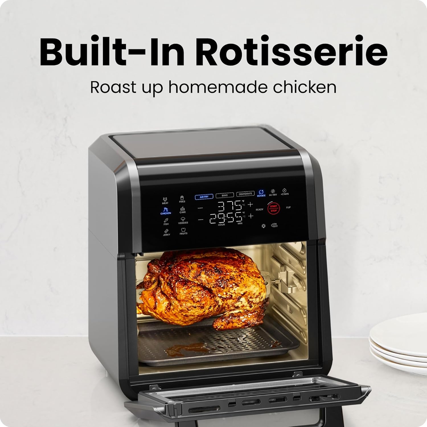 image:imageCHEFMAN Multifunctional Digital Air Fryer Rotisserie Dehydrator Convection Oven 17 Touch Screen Presets Fry Roast Dehydrate Bake XL 10L Family Size Auto Shutoff Large EasyView Window BlackBlack