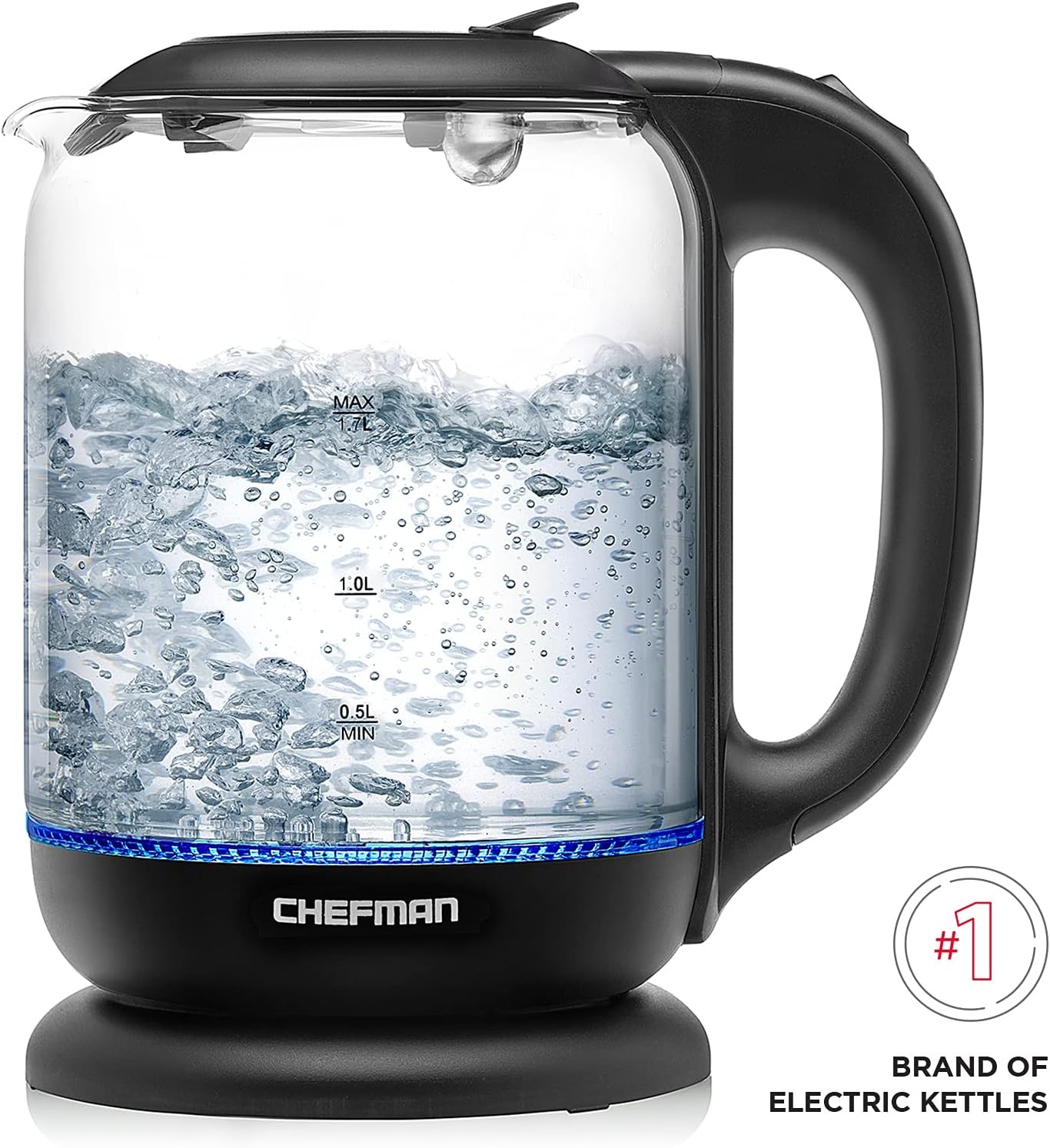 image:imageChefman 1L Electric Tea Kettle with LED Lights Automatic Shut Off Removable Lid BoilDry Protection Hot Water Electric Kettle Water Boiler Electric Kettles for Boiling Water17L Glass Electric Kettle w EasyFill Lid