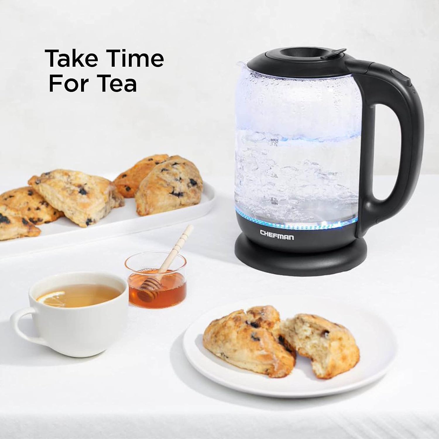 image:imageChefman 1L Electric Tea Kettle with LED Lights Automatic Shut Off Removable Lid BoilDry Protection Hot Water Electric Kettle Water Boiler Electric Kettles for Boiling Water17L Glass Electric Kettle w EasyFill Lid