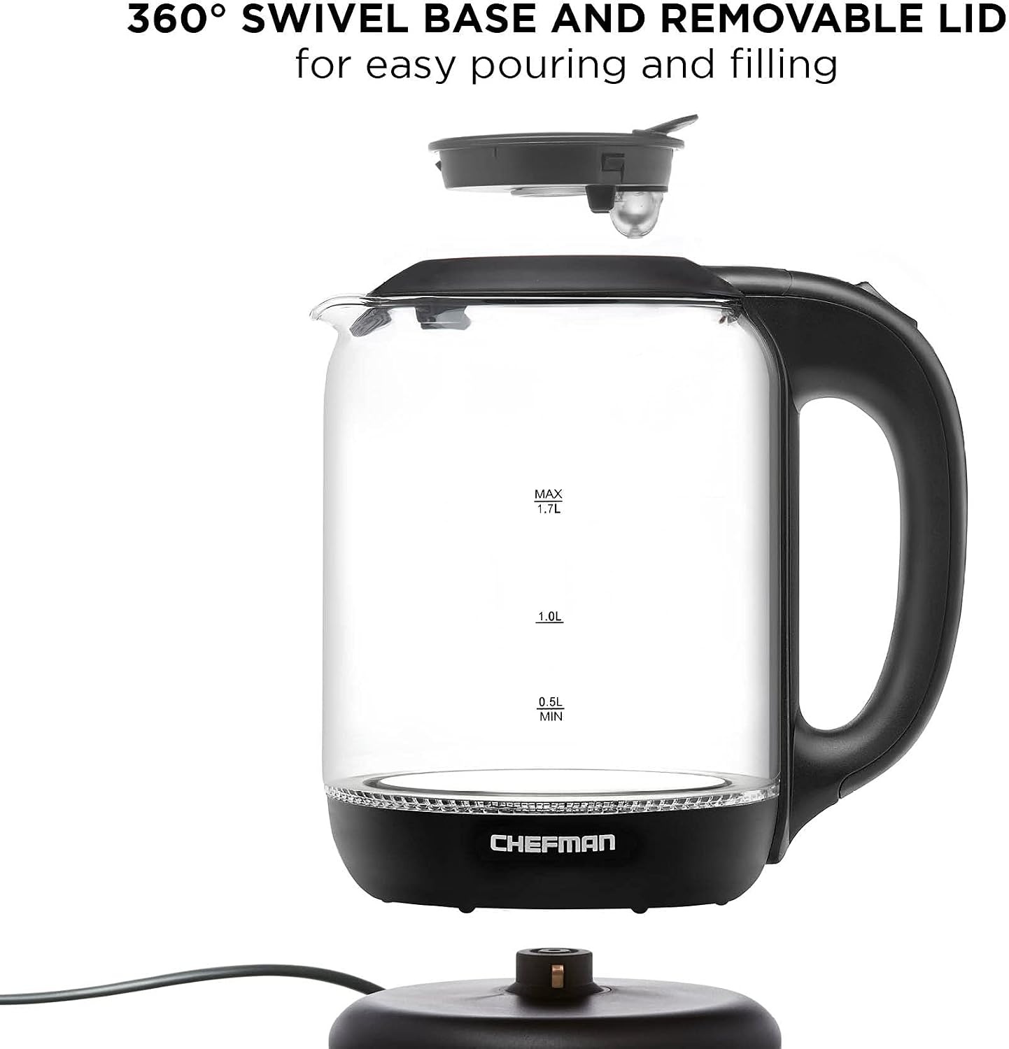 image:imageChefman 1L Electric Tea Kettle with LED Lights Automatic Shut Off Removable Lid BoilDry Protection Hot Water Electric Kettle Water Boiler Electric Kettles for Boiling Water17L Glass Electric Kettle w EasyFill Lid