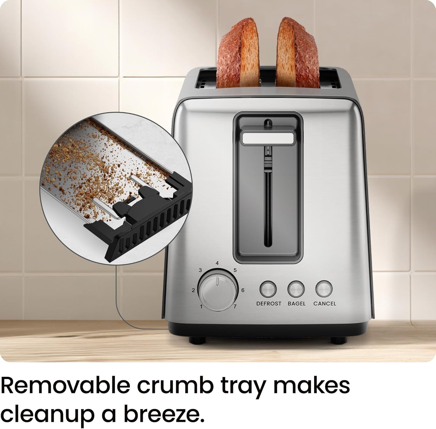 image:imageChefman 2 Slice Toaster 7 Shade Settings Removable Crumb Tray Thick Bread and Bagel Toaster with Defrost and Cancel Buttons BlackBasic New