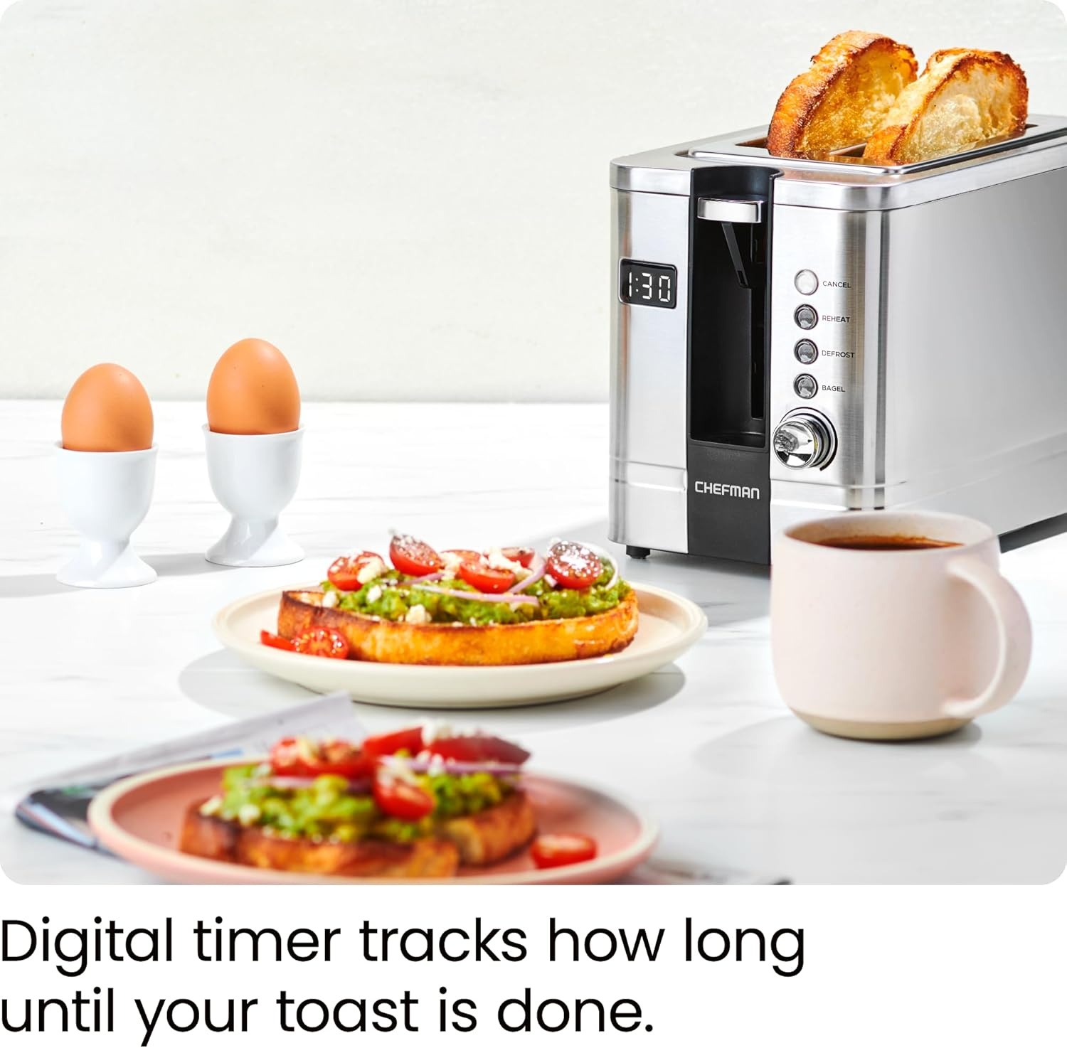 image:imageChefman 2Slice Digital Toaster PopUp Stainless Steel ExtraWide Slots For Bagels Defrost Reheat Cancel Functions Removable Crumb Tray