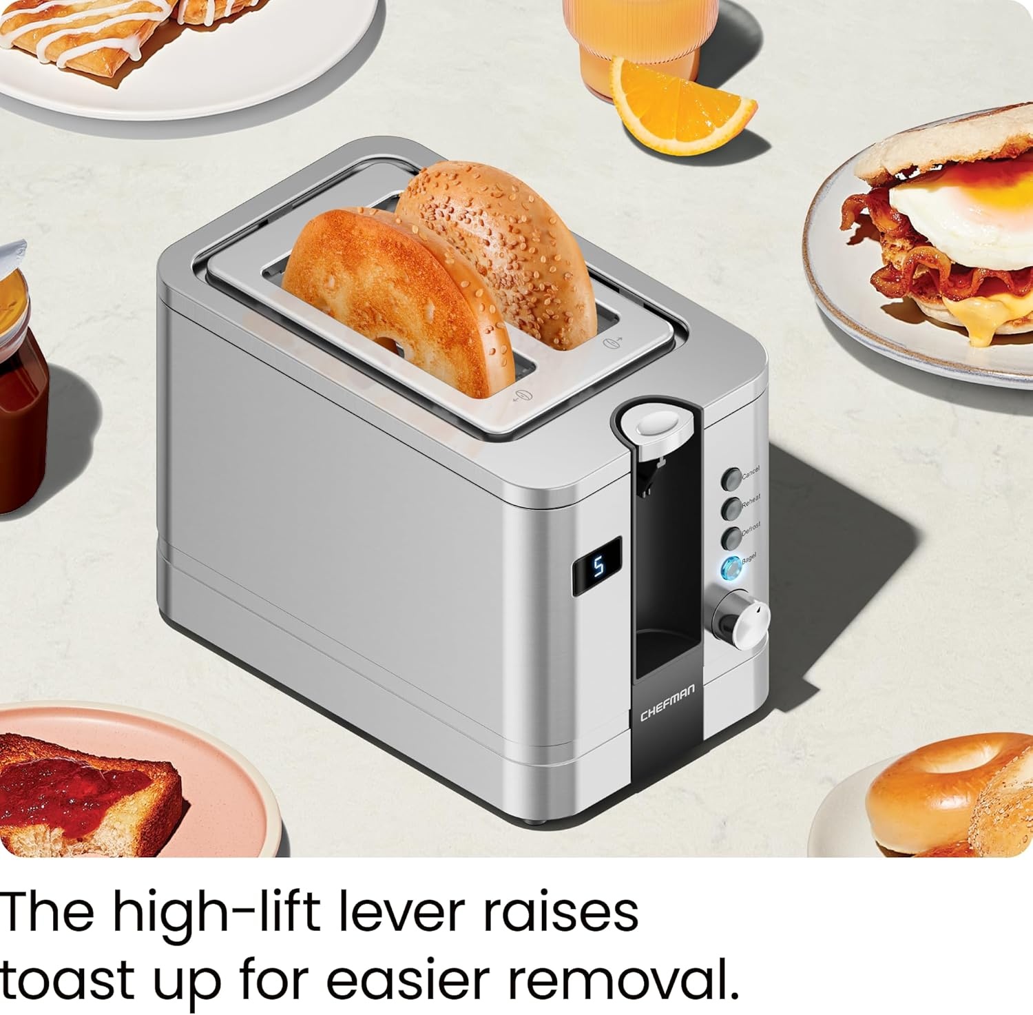 image:imageChefman 2Slice Digital Toaster PopUp Stainless Steel ExtraWide Slots For Bagels Defrost Reheat Cancel Functions Removable Crumb Tray