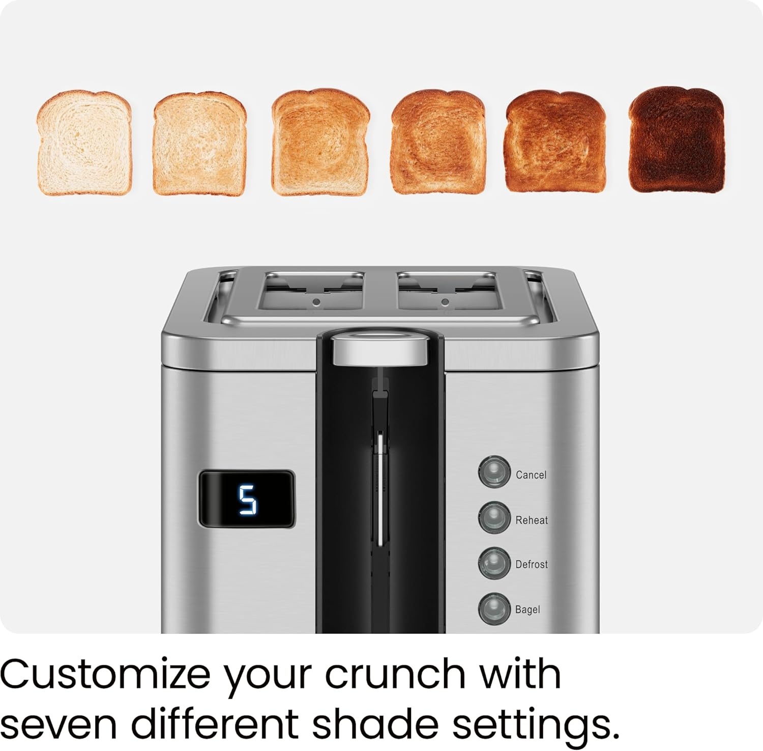 image:imageChefman 2Slice Digital Toaster PopUp Stainless Steel ExtraWide Slots For Bagels Defrost Reheat Cancel Functions Removable Crumb Tray