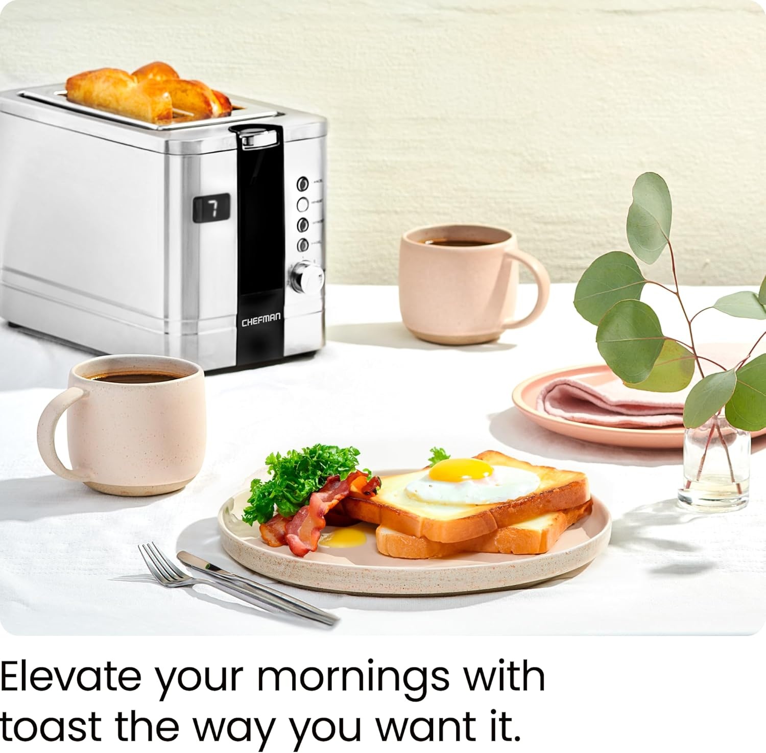 image:imageChefman 2Slice Digital Toaster PopUp Stainless Steel ExtraWide Slots For Bagels Defrost Reheat Cancel Functions Removable Crumb Tray