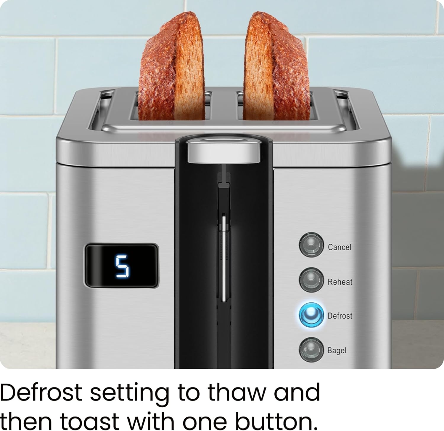image:imageChefman 2Slice Digital Toaster PopUp Stainless Steel ExtraWide Slots For Bagels Defrost Reheat Cancel Functions Removable Crumb Tray