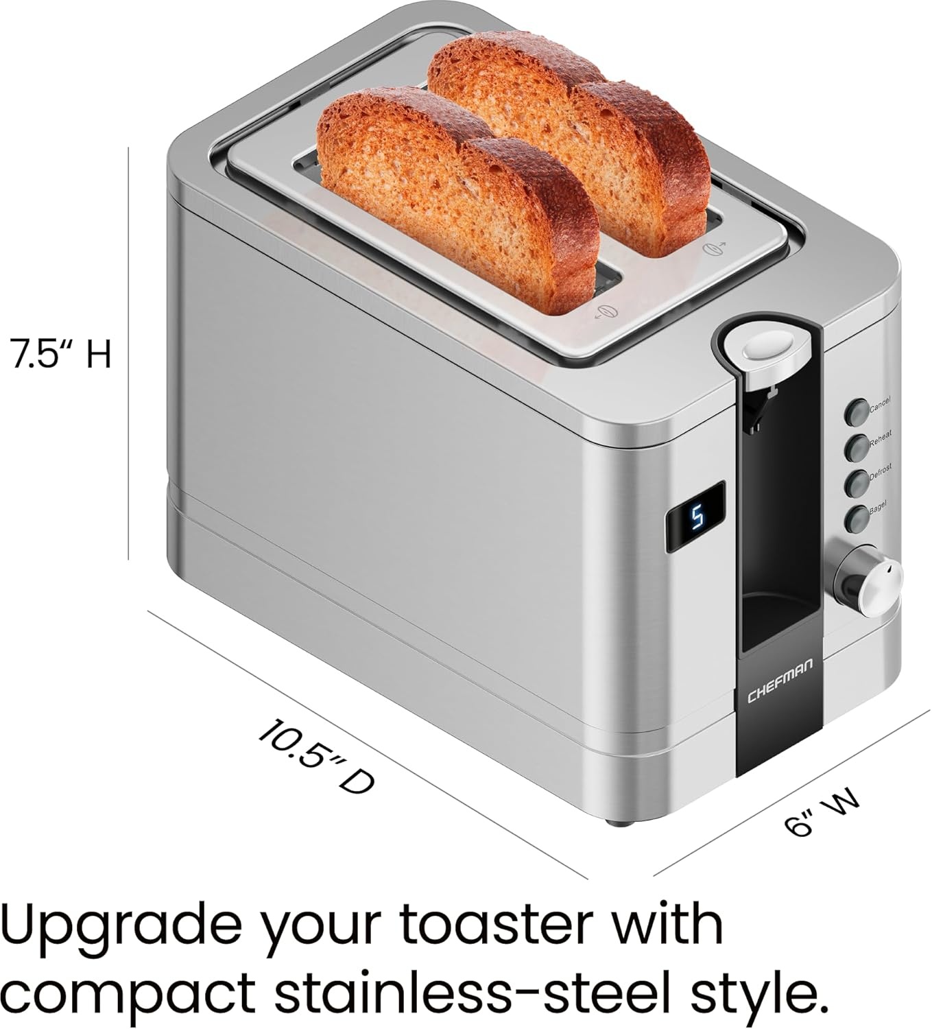 image:imageChefman 2Slice Digital Toaster PopUp Stainless Steel ExtraWide Slots For Bagels Defrost Reheat Cancel Functions Removable Crumb Tray