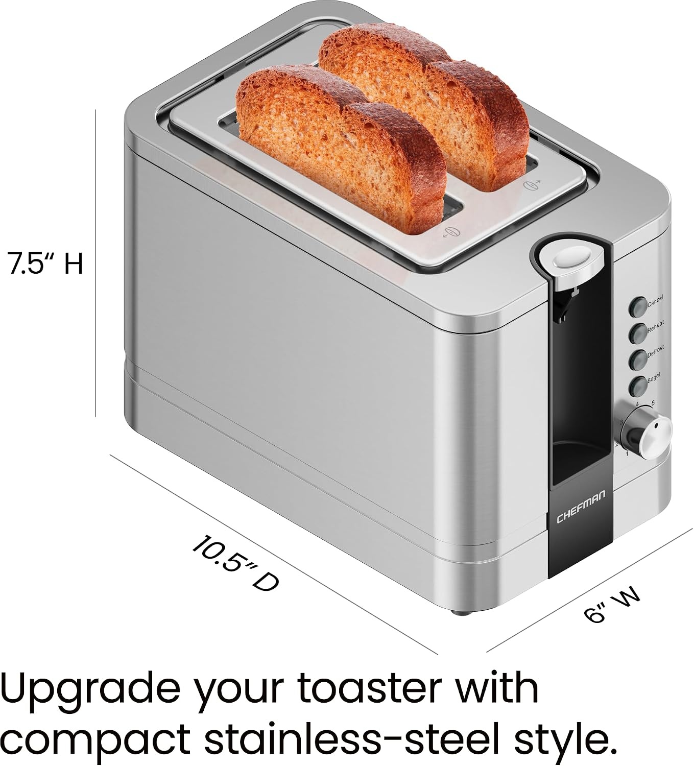 image:imageChefman 2Slice PopUp Stainless Steel Toaster w 7 Shade Settings Extra Wide Slots for Toasting Bagels DefrostReheatCancel Functions Removable Crumb Tray 850W 120V Silver