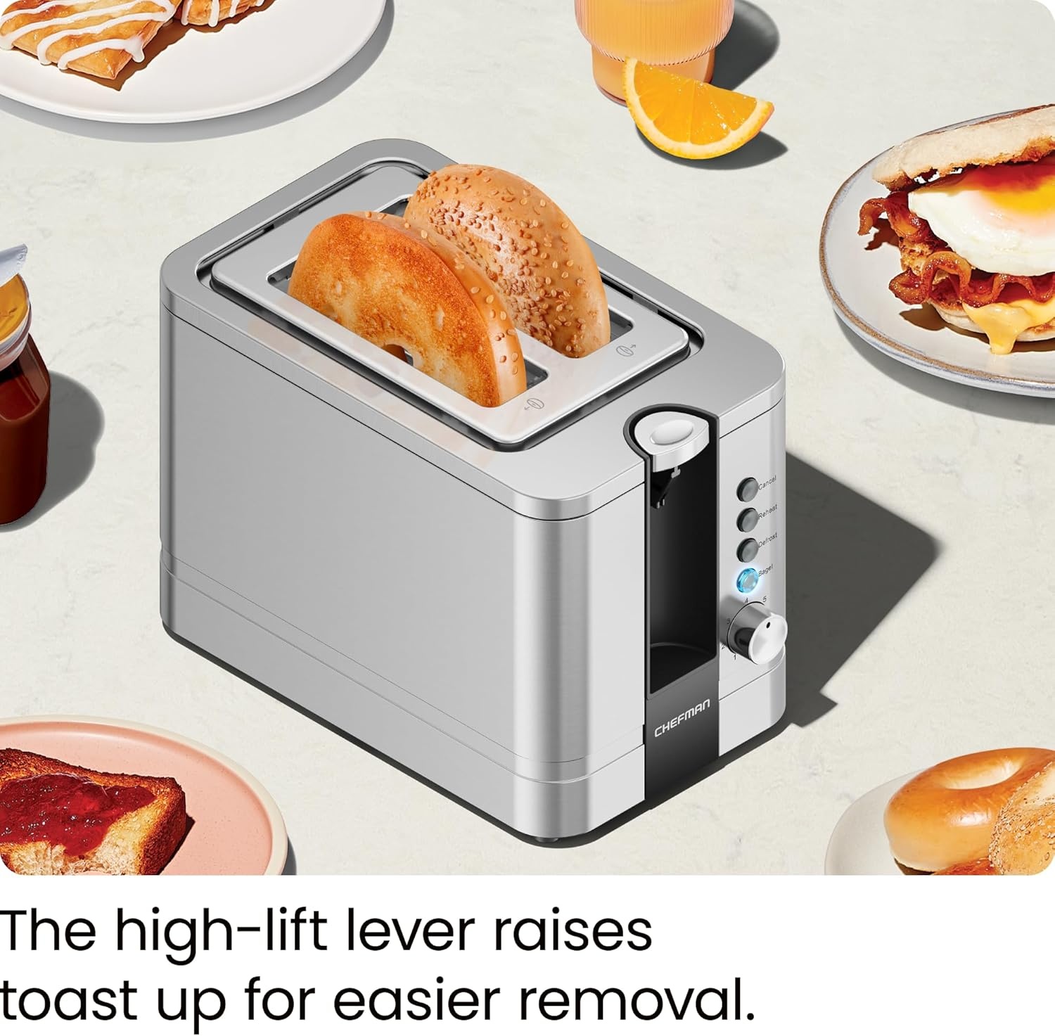 image:imageChefman 2Slice PopUp Stainless Steel Toaster w 7 Shade Settings Extra Wide Slots for Toasting Bagels DefrostReheatCancel Functions Removable Crumb Tray 850W 120V Silver