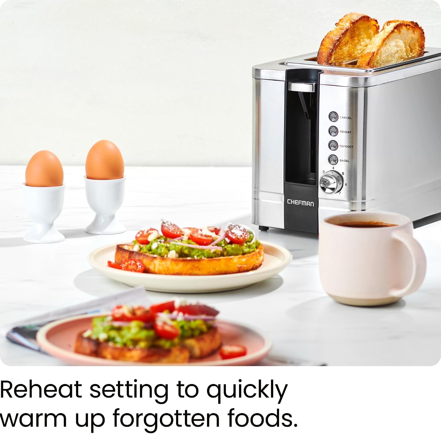 image:imageChefman 2Slice PopUp Stainless Steel Toaster w 7 Shade Settings Extra Wide Slots for Toasting Bagels DefrostReheatCancel Functions Removable Crumb Tray 850W 120V Silver
