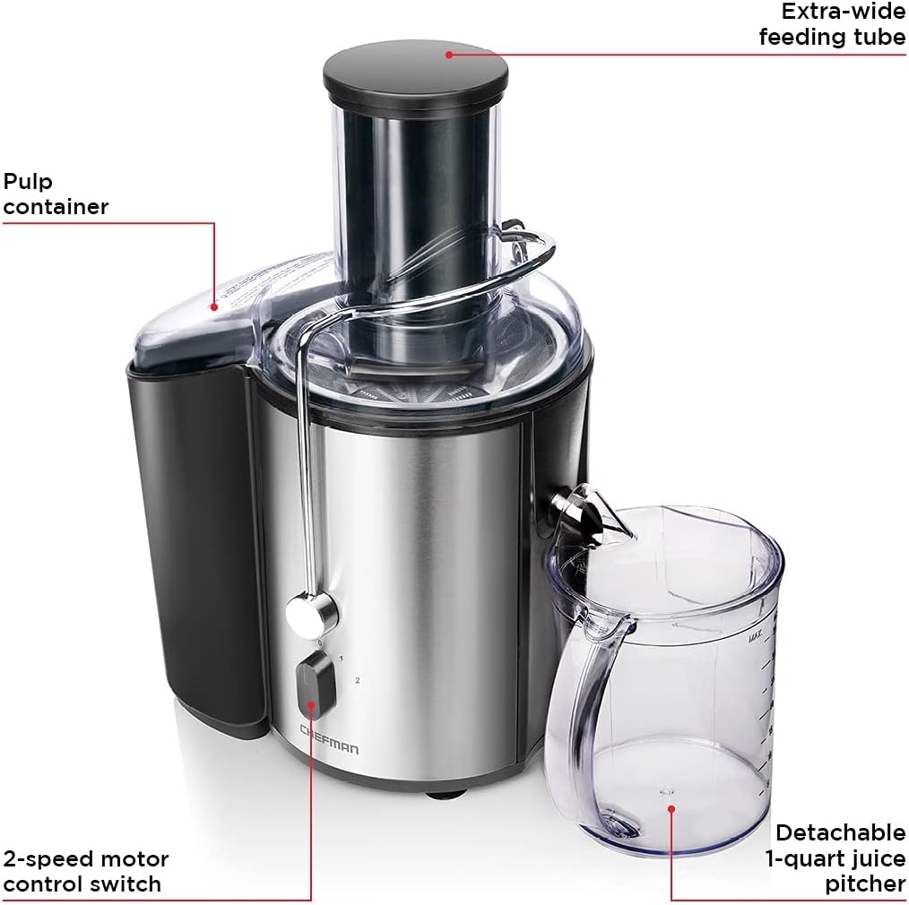 image:imageChefman 2Speed Electric Juicer ExtraWide Feeding Tube For Whole Fruits Make Nutritious Vegetable And Green Juice Detachable 1Quart Pitcher BuiltIn Foam Separator DishwasherSafe Parts