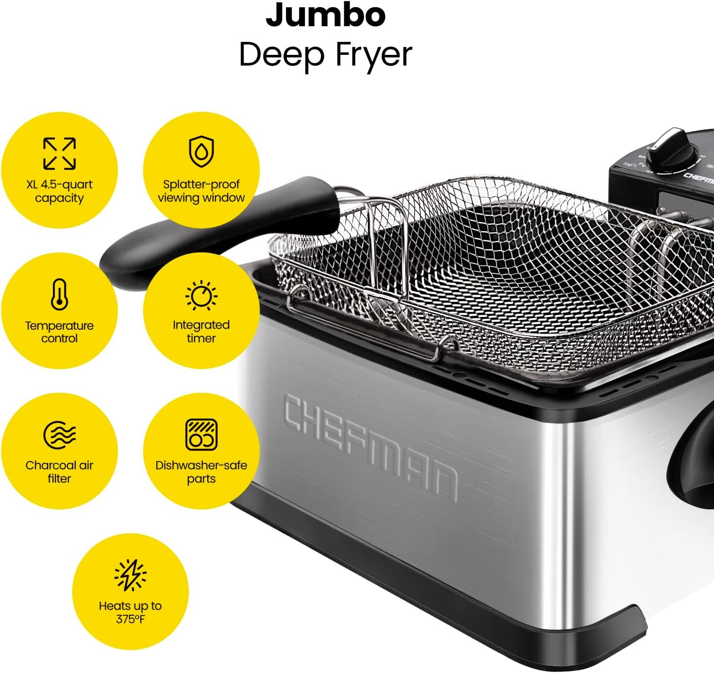 image:imageChefman 45 Liter Deep Fryer wBasket Strainer XL Jumbo Size Adjustable Temperature amp Timer Perfect for Fried Chicken Shrimp French Fries Chips amp More Removable OilContainer Stainless SteelLarge