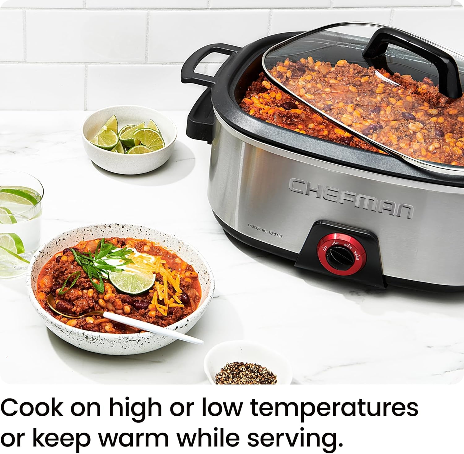 image:imageChefman 6Quart Slow Cooker Electric Countertop Cooking Stovetop amp OvenSafe Removable Insert for Browning amp Sauting FamilySize Soups amp Stews Nonstick amp DishwasherSafe InteriorStainless Steel