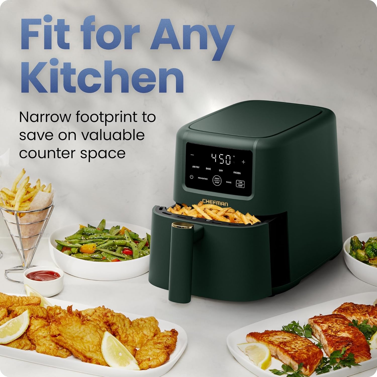 image:imageChefman Air Fryer 4in1 Slim 35 QT Airfryer Air Fry Bake Dehydrate Frozen 450F Max Temp for Extra Crispy Results in Minutes Nonstick Ceramic Coating DishwasherSafe Accessories BlackGreen
