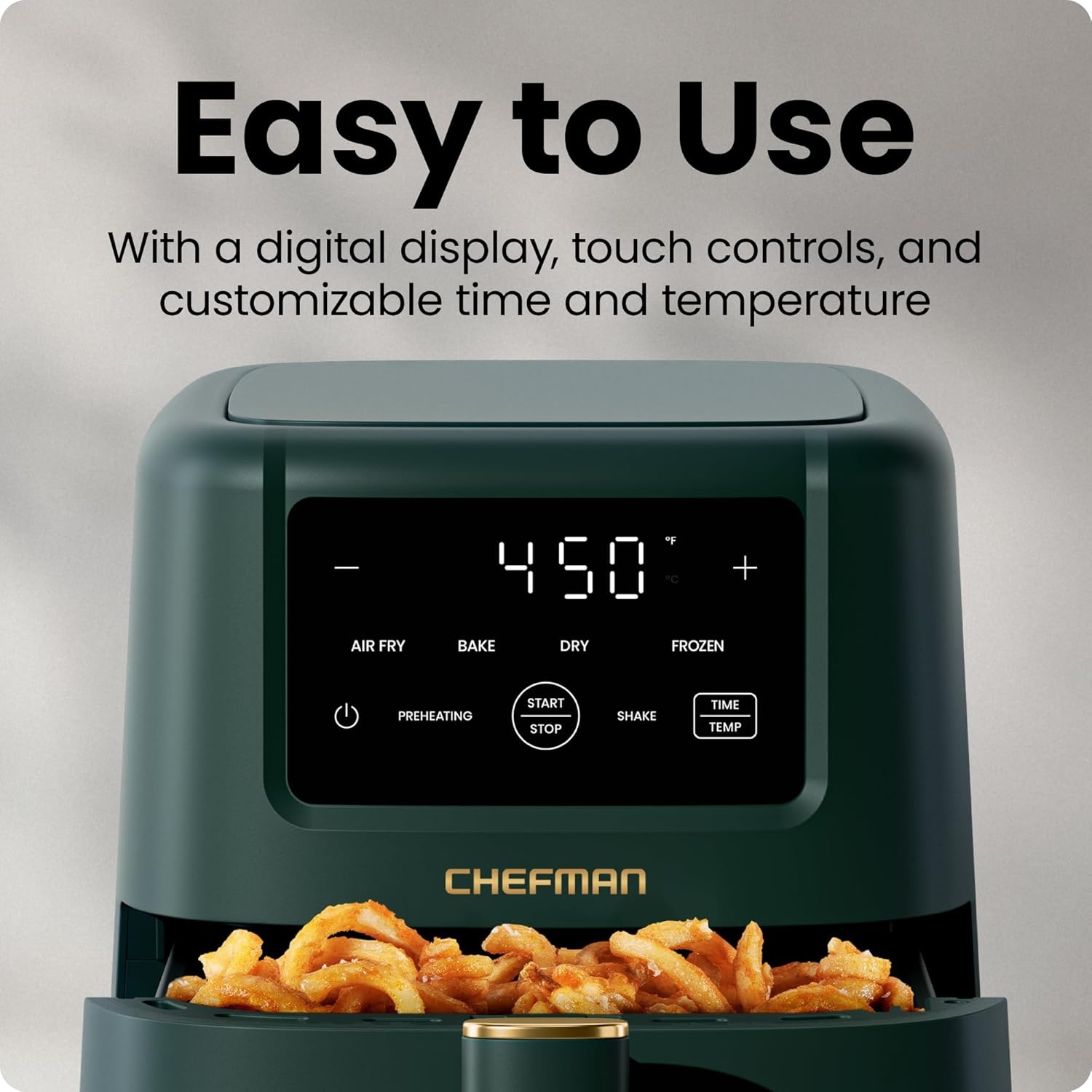 image:imageChefman Air Fryer 4in1 Slim 35 QT Airfryer Air Fry Bake Dehydrate Frozen 450F Max Temp for Extra Crispy Results in Minutes Nonstick Ceramic Coating DishwasherSafe Accessories BlackGreen