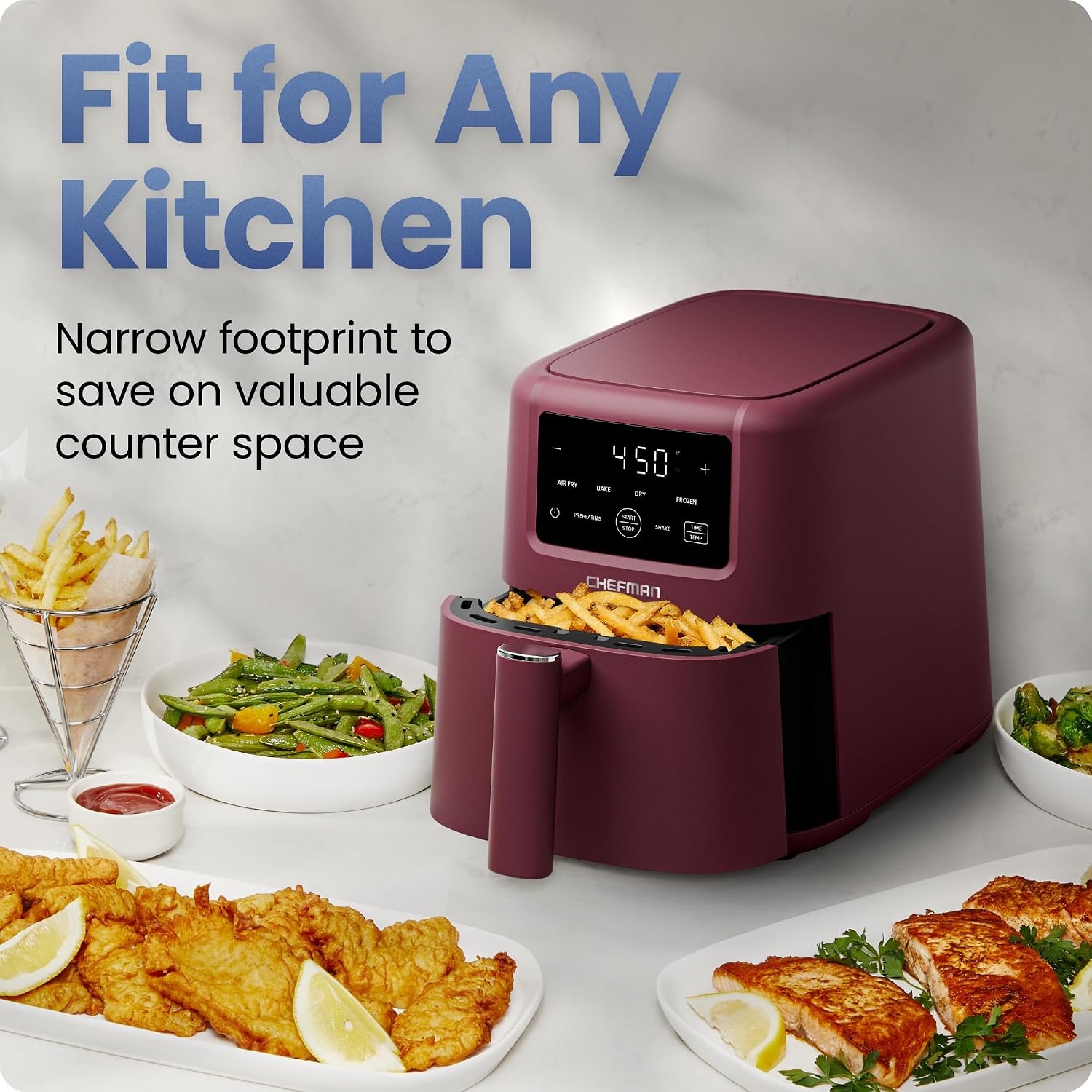 image:imageChefman Air Fryer 4in1 Slim 35 QT Airfryer Air Fry Bake Dehydrate Frozen 450F Max Temp for Extra Crispy Results in Minutes Nonstick Ceramic Coating DishwasherSafe Accessories BlackRed