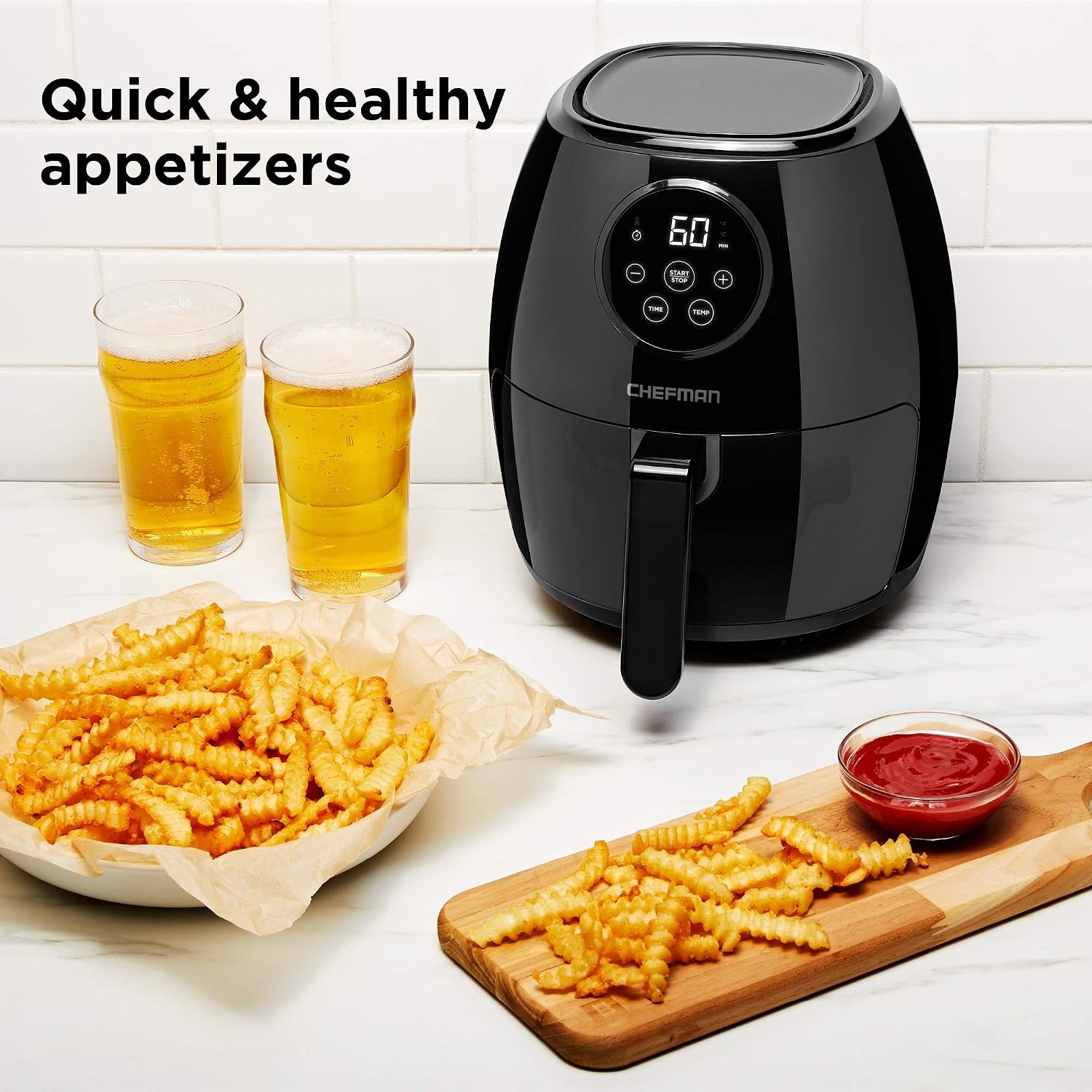 image:imageChefman Air Fryer 4in1 Slim 35 QT Airfryer Air Fry Bake Dehydrate Frozen 450F Max Temp for Extra Crispy Results in Minutes Nonstick Ceramic Coating DishwasherSafe Accessories BlackGlossy Black