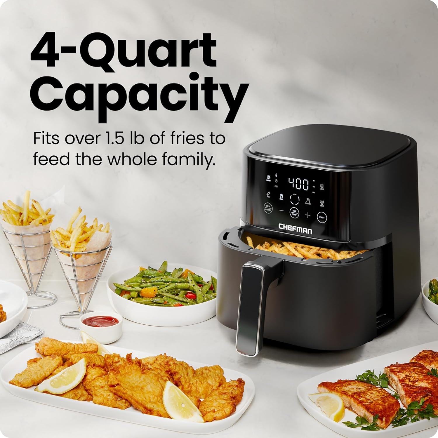 image:imageChefman Air Fryer 6 QT Compact Airfryer for Quick amp Easy Meals in Minutes Features HiFry Technology for Extra Crisp Touchscreen Controls with 4 Presets Nonstick amp Dishwasher Safe Basket Black4 Quart No Window
