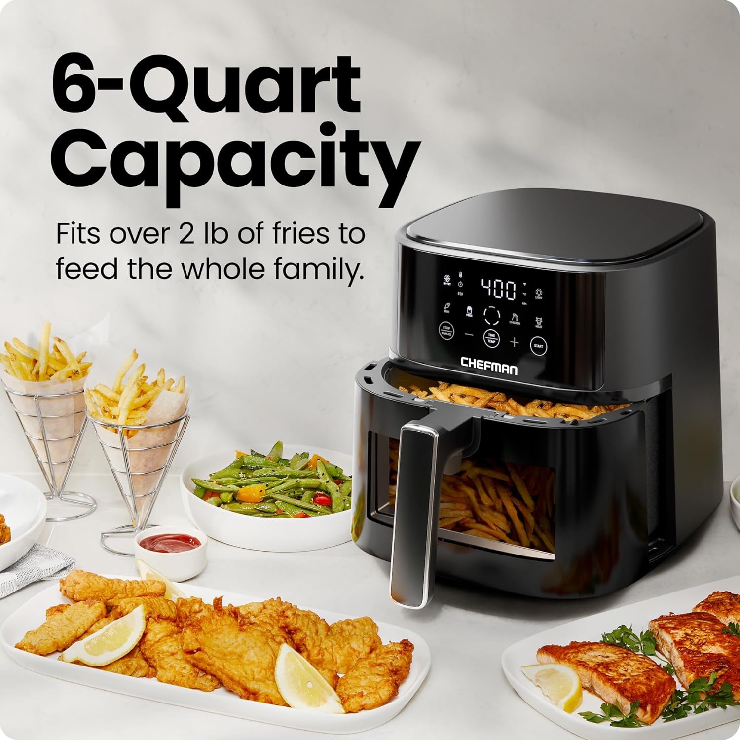 image:imageChefman Air Fryer 6 QT Compact Airfryer for Quick amp Easy Meals in Minutes Features HiFry Technology for Extra Crisp Touchscreen Controls with 4 Presets Nonstick amp Dishwasher Safe Basket Black6 Quart Window
