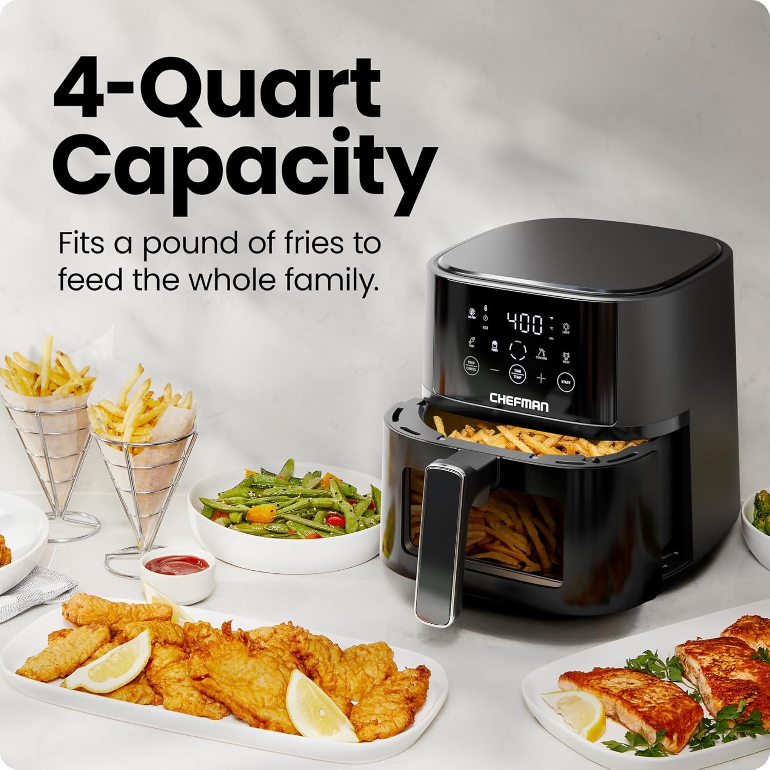 image:imageChefman Air Fryer 6 QT Compact Airfryer for Quick amp Easy Meals in Minutes Features HiFry Technology for Extra Crisp Touchscreen Controls with 4 Presets Nonstick amp Dishwasher Safe Basket Black4 Quart Window