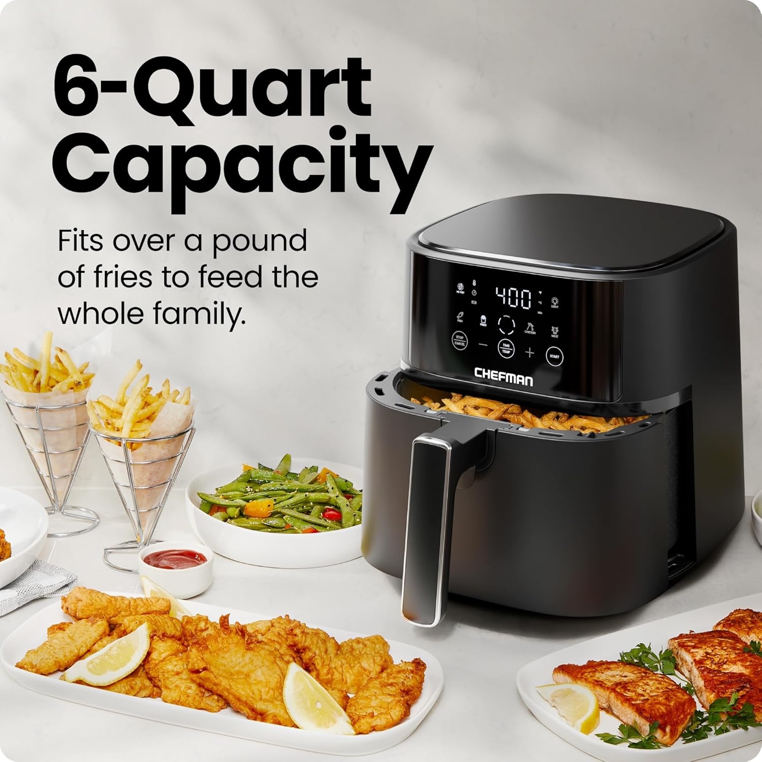 image:imageChefman Air Fryer 6 QT Compact Airfryer for Quick amp Easy Meals in Minutes Features HiFry Technology for Extra Crisp Touchscreen Controls with 4 Presets Nonstick amp Dishwasher Safe Basket Black6 Quart No Window
