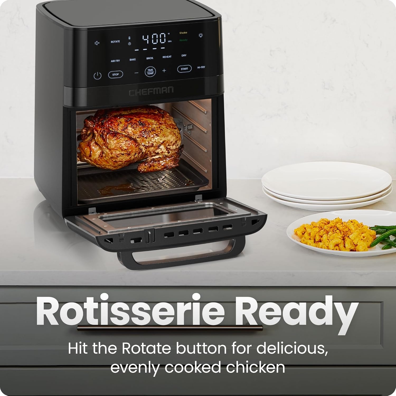 image:imageChefman Air Fryer 6in1 XL 14Quart Multifunctional Airfryer with Touchscreen Controls Rotisserie Food Dehydrator Convection Oven Bake Broil and Reheat Functions Windowed Door Black14 Quart