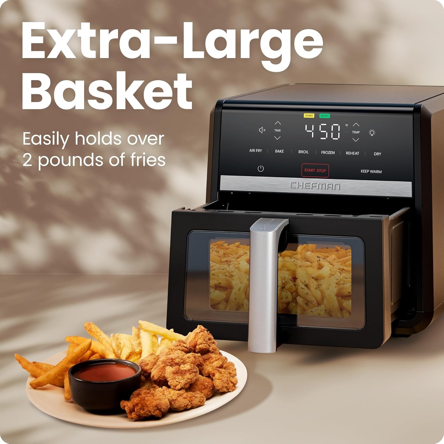 image:imageChefman Air Fryer 8 Qt TurboFry 4in1 with 450F HiFry Option for Crispier Results Bake Dehydrate Frozen XL Nonstick DishwasherSafe Basket Stainless SteelBlack