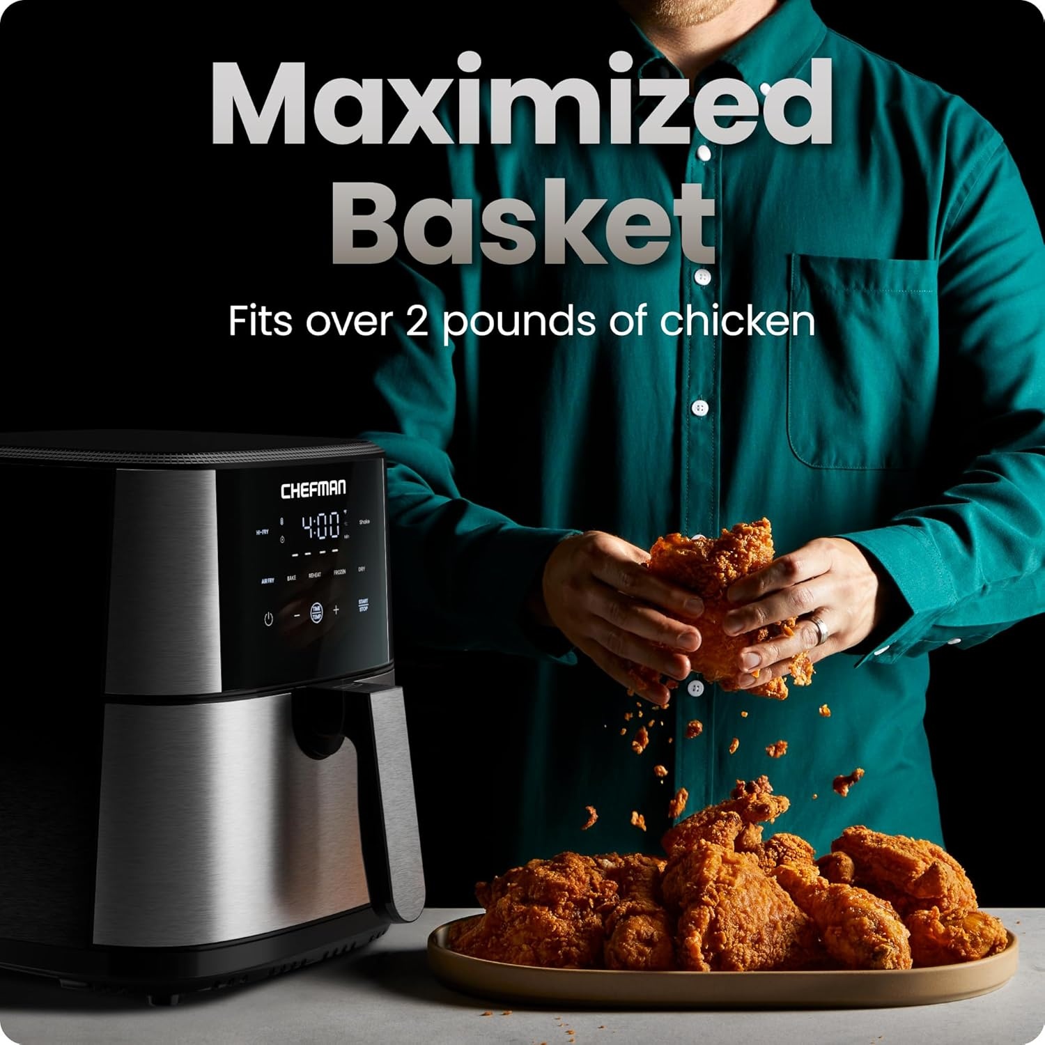 image:imageChefman Air Fryer 8 Qt TurboFry 4in1 with 450F HiFry Option for Crispier Results Bake Dehydrate Frozen XL Nonstick DishwasherSafe Basket Stainless SteelStainless steel
