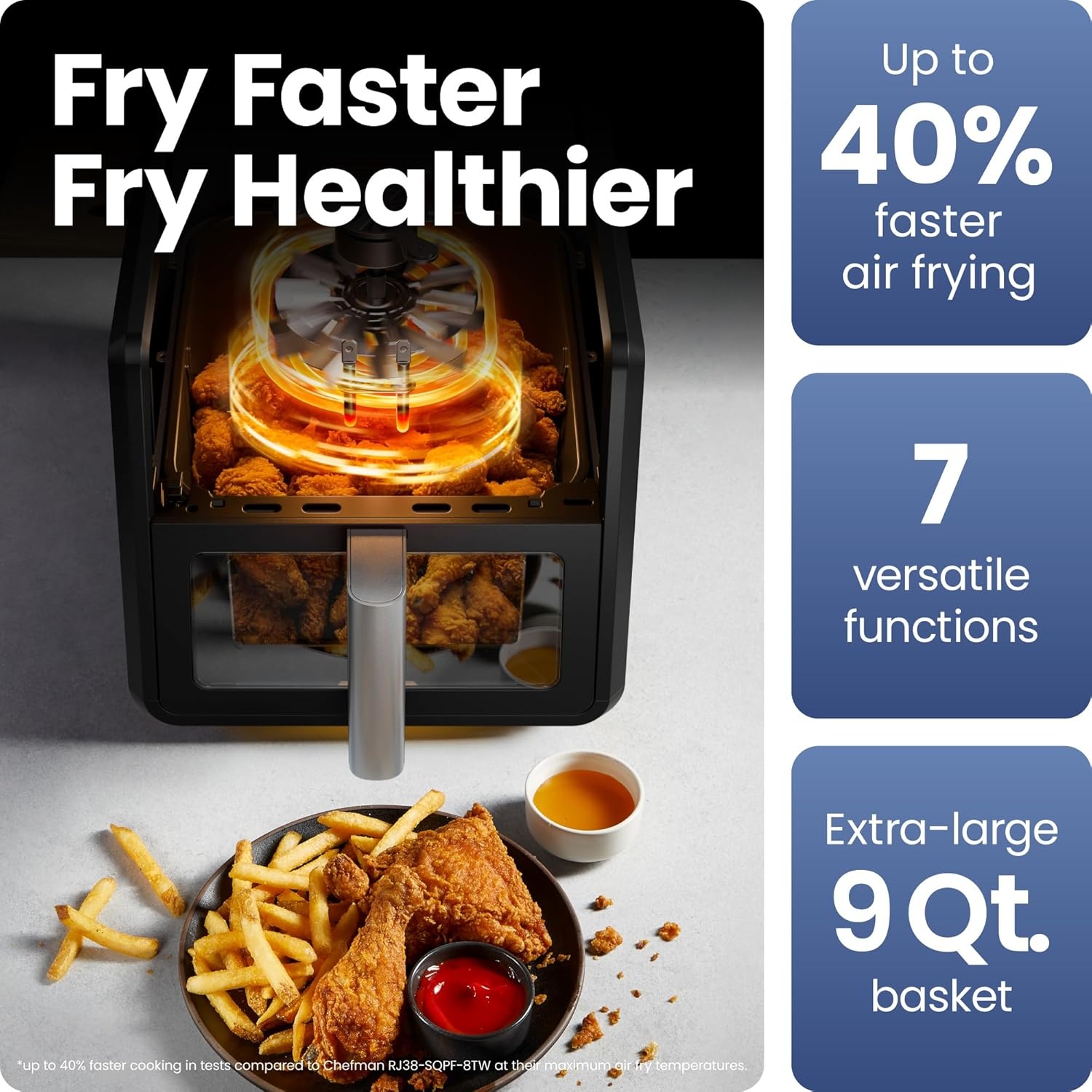 image:imageChefman Air Fryer 8 Qt TurboFry 4in1 with 450F HiFry Option for Crispier Results Bake Dehydrate Frozen XL Nonstick DishwasherSafe Basket Stainless SteelBlack
