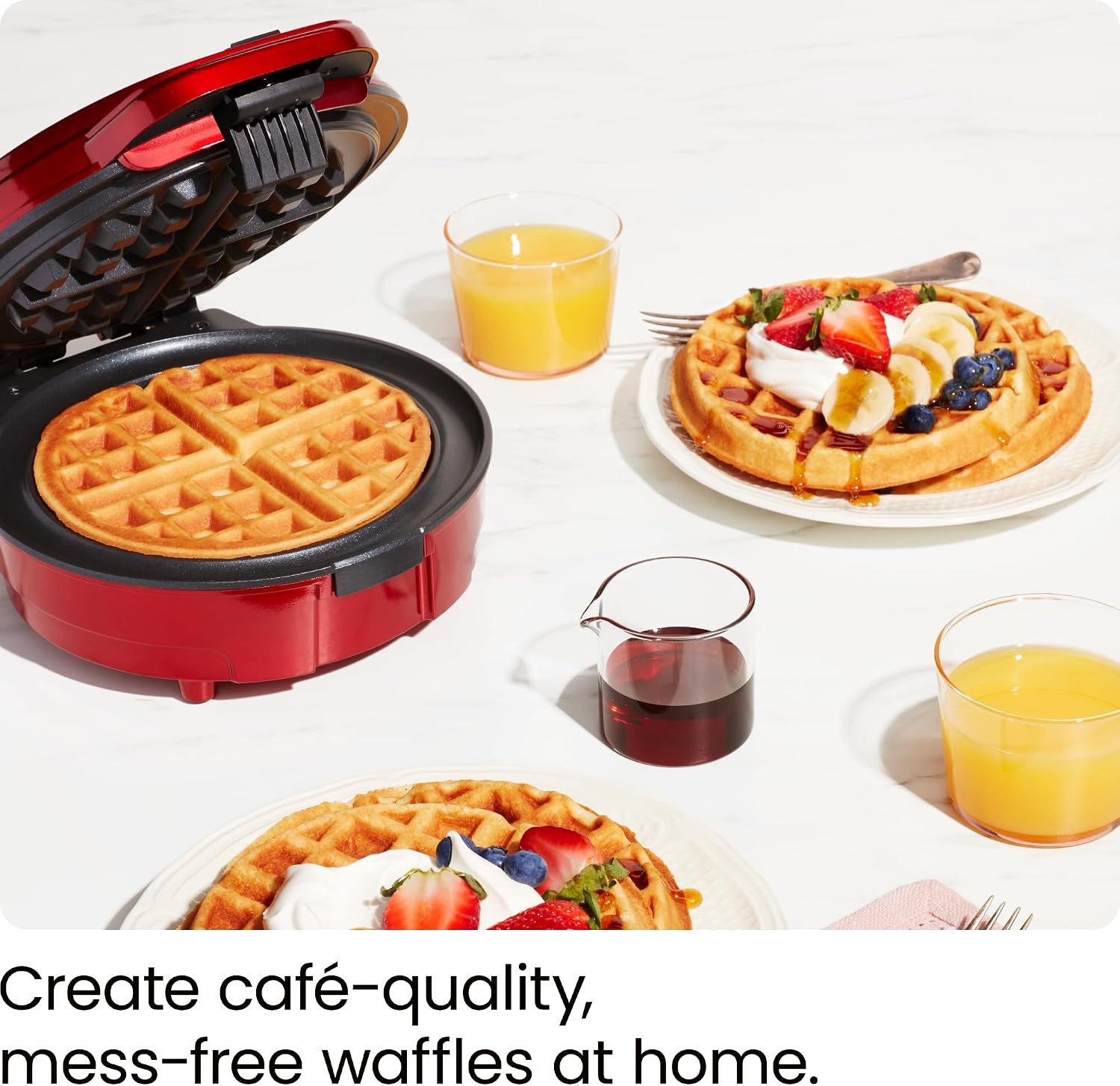 image:imageChefman AntiOverflow Belgian Waffle Maker wShade Selector Stainless Steel Temperature Control Mess Free Moat Round Nonstick Iron Plate Cool Touch Handle Measuring Cup IncludedRed
