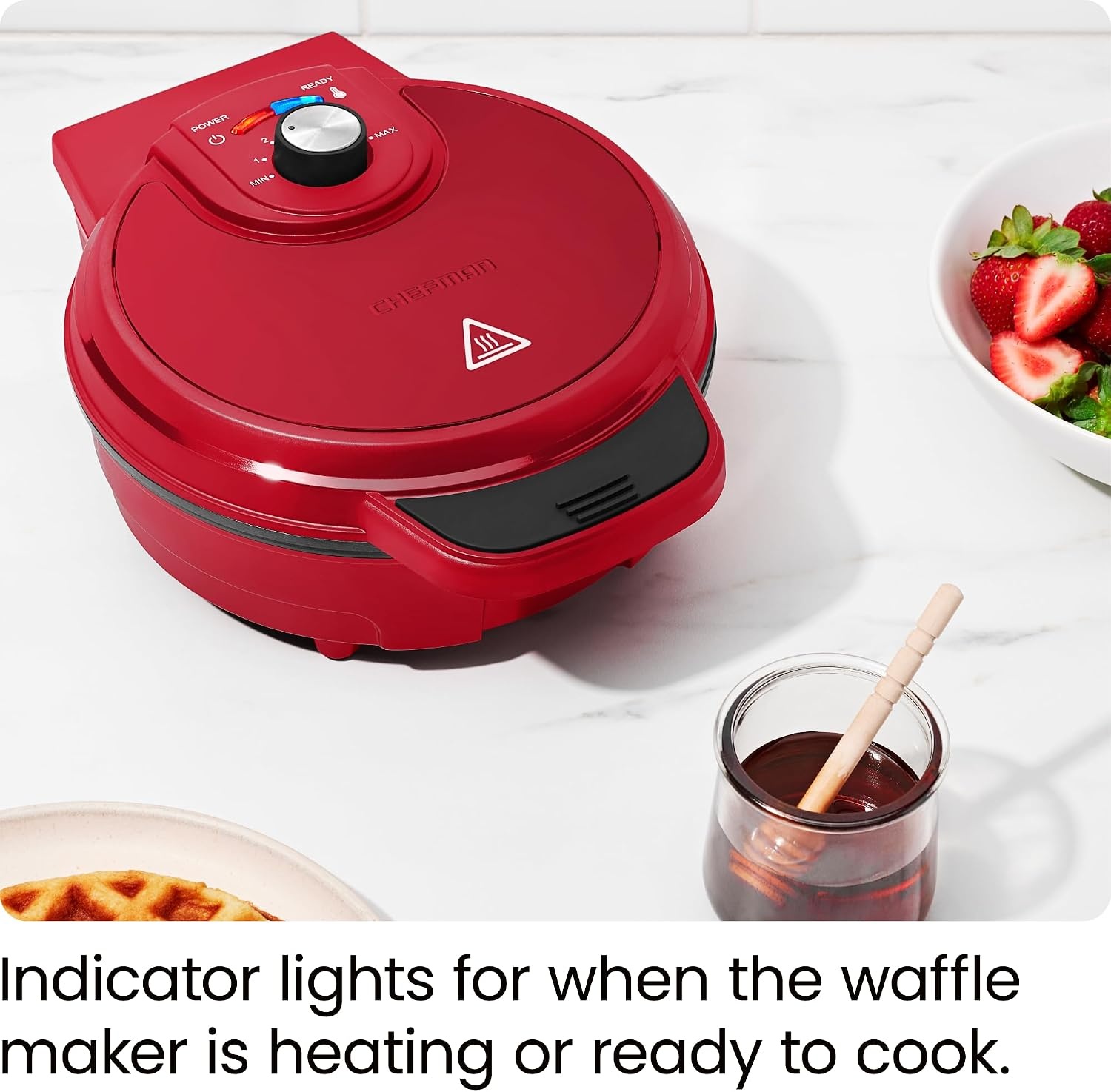 image:imageChefman AntiOverflow Belgian Waffle Maker wShade Selector Stainless Steel Temperature Control Mess Free Moat Round Nonstick Iron Plate Cool Touch Handle Measuring Cup IncludedRed