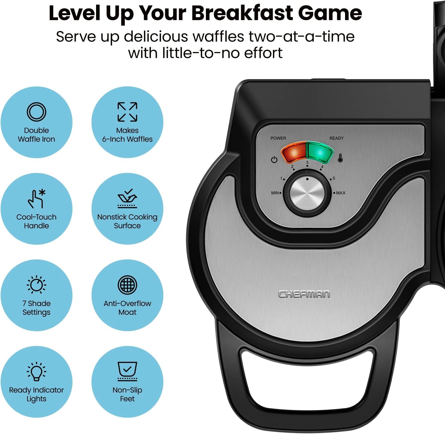image:imageChefman AntiOverflow Belgian Waffle Maker wShade Selector Stainless Steel Temperature Control Mess Free Moat Round Nonstick Iron Plate Cool Touch Handle Measuring Cup IncludedStainless Double