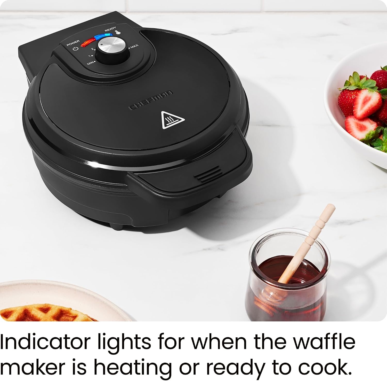 image:imageChefman AntiOverflow Belgian Waffle Maker wShade Selector Stainless Steel Temperature Control Mess Free Moat Round Nonstick Iron Plate Cool Touch Handle Measuring Cup IncludedBlack