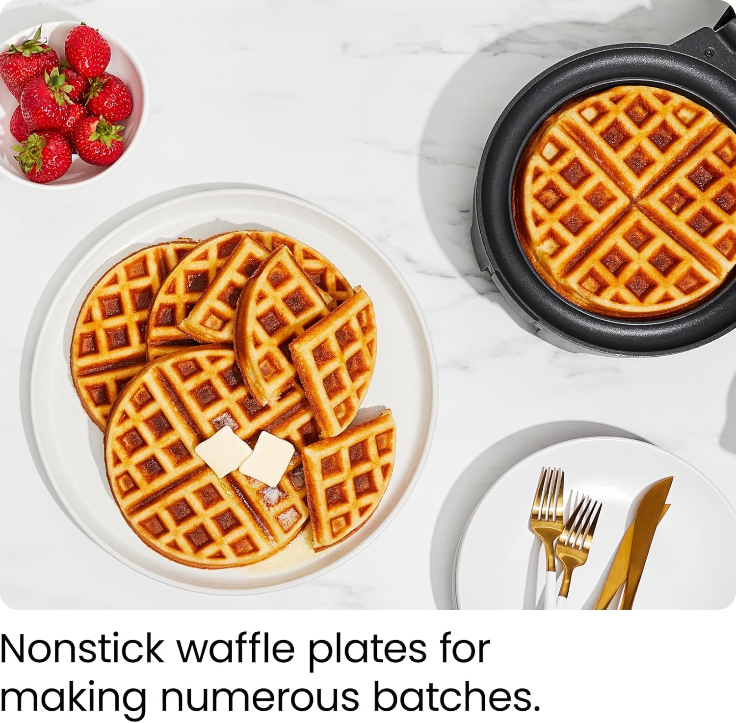 image:imageChefman AntiOverflow Belgian Waffle Maker wShade Selector Stainless Steel Temperature Control Mess Free Moat Round Nonstick Iron Plate Cool Touch Handle Measuring Cup IncludedBlack