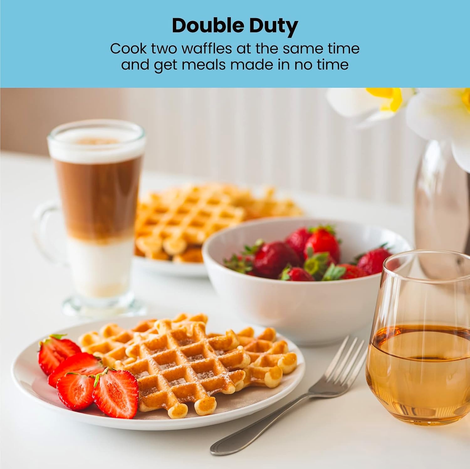image:imageChefman AntiOverflow Belgian Waffle Maker wShade Selector Stainless Steel Temperature Control Mess Free Moat Round Nonstick Iron Plate Cool Touch Handle Measuring Cup IncludedStainless Double