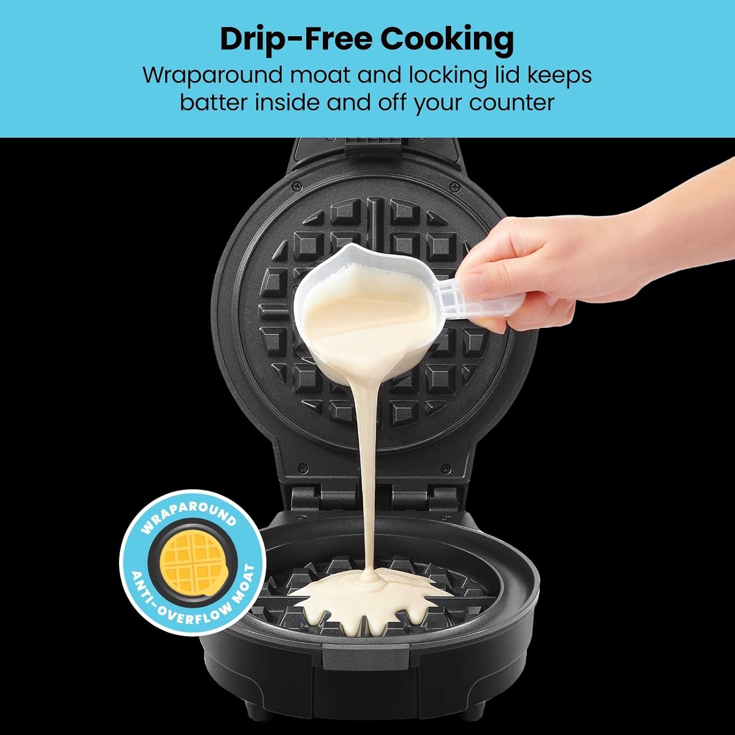 image:imageChefman AntiOverflow Waffle Maker Belgian Waffle Iron with Seven Crunch Selector Settings MessFree Moat Catches Excess Batter Nonstick Electric Single Griddle Mold Makes 6Inch Round Waffles